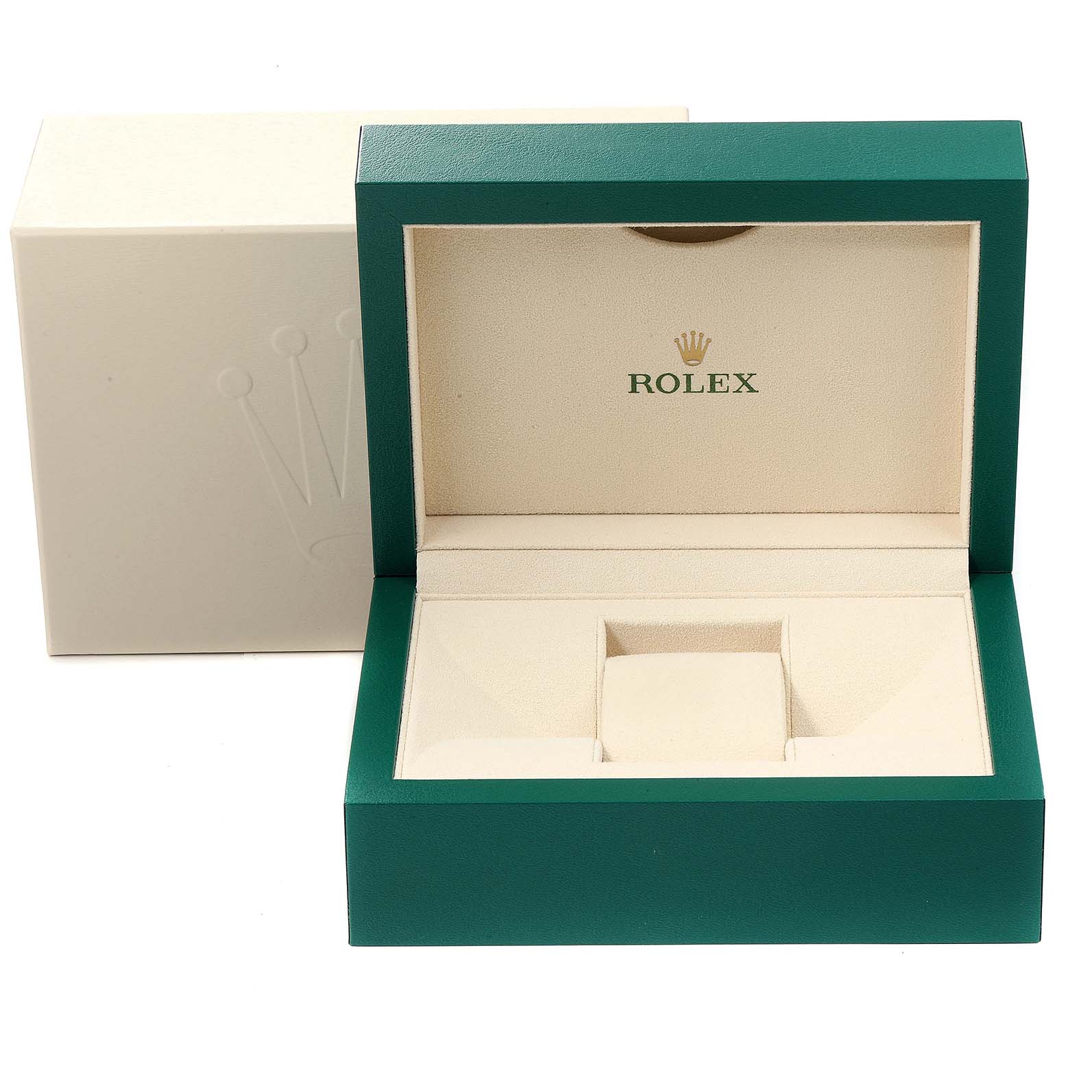 The image shows the open box and outer packaging for a Rolex GMT-Master 116710 Men
s Stainless Steel Black Dial 116710 Men
s Stainless Steel Black Dial watch, including the green and cream interior.