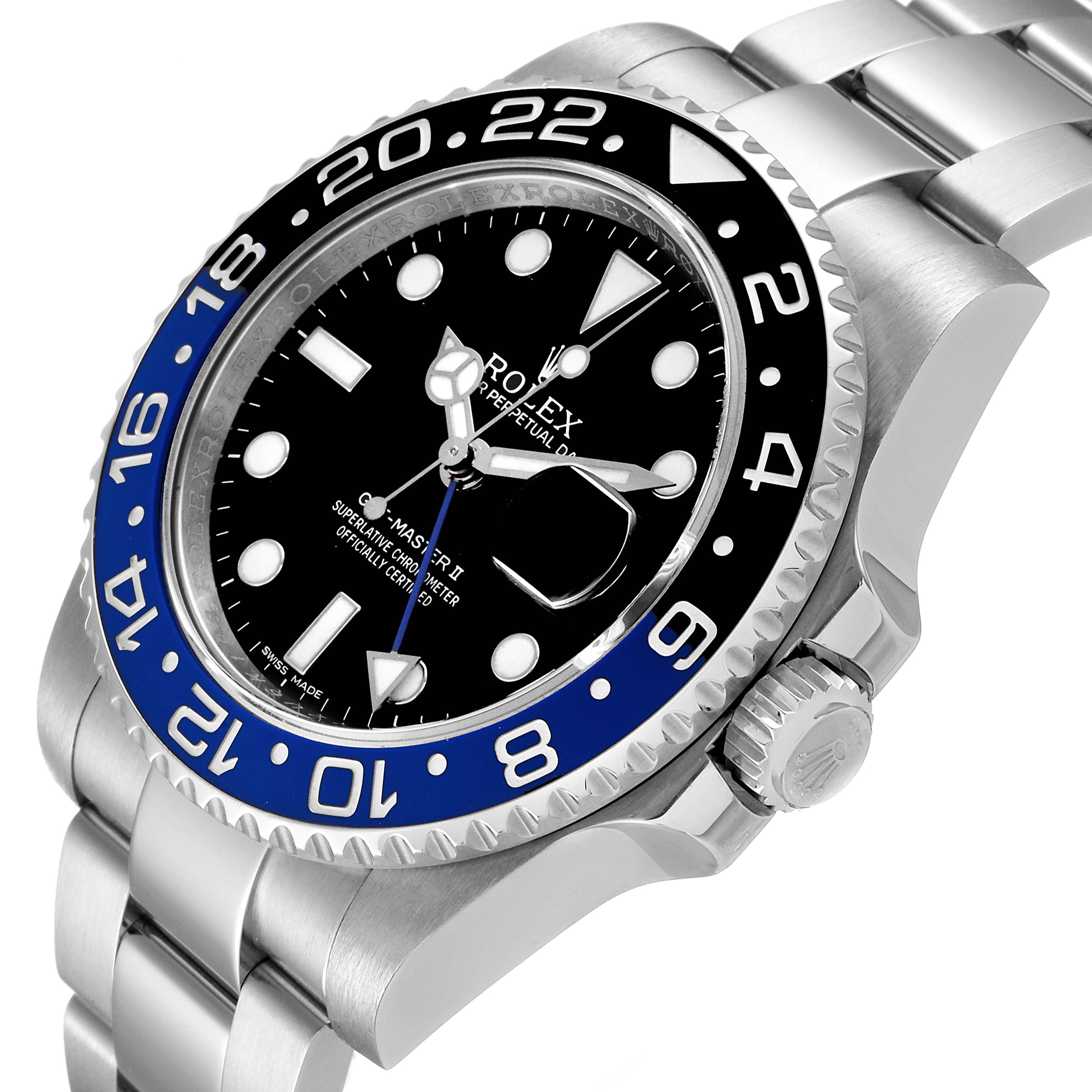 The image shows a close-up of the face, bezel, crown, and part of the bracelet of a Rolex GMT-Master 116710 Men
s Stainless Steel Black Dial 116710 Men
s Stainless Steel Black Dial watch.