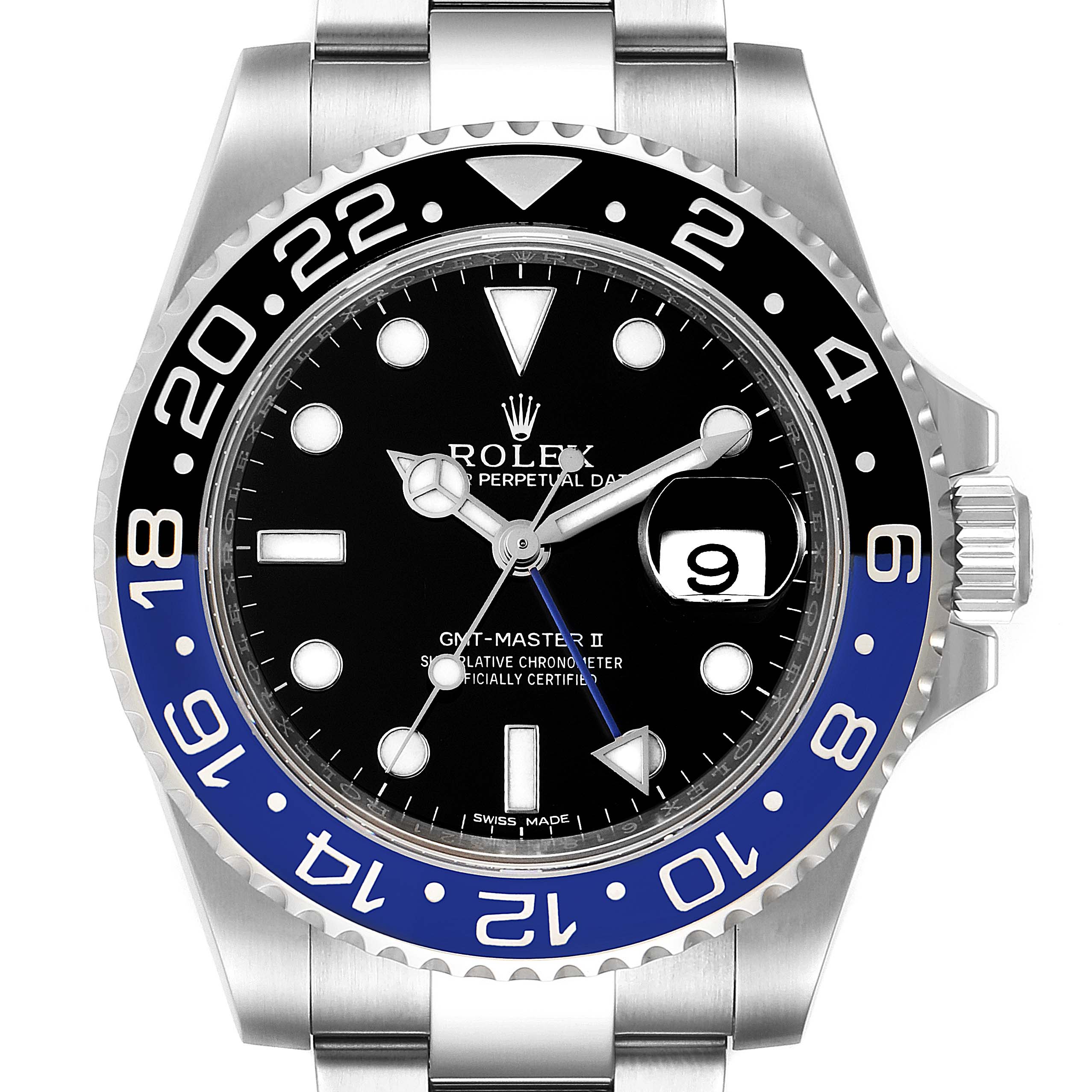 This image shows a front view of the Rolex GMT-Master 116710 Men
s Stainless Steel Black Dial 116710 Men
s Stainless Steel Black Dial II watch, highlighting the bezel, dial, and bracelet.