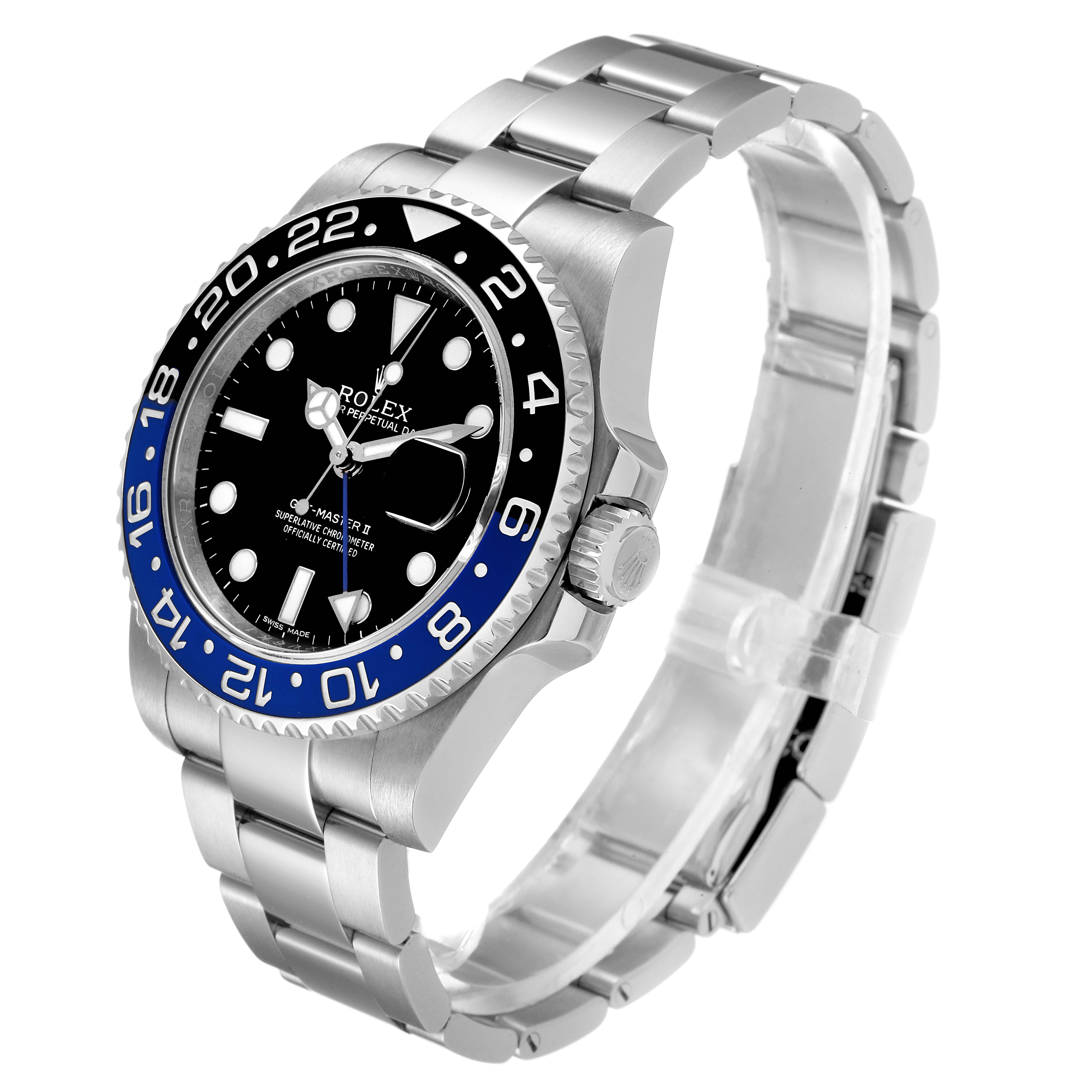 The Rolex GMT-Master 116710 Men
s Stainless Steel Black Dial 116710 Men
s Stainless Steel Black Dial watch is shown from a three-quarter angle, highlighting the bezel, dial, crown, and bracelet.