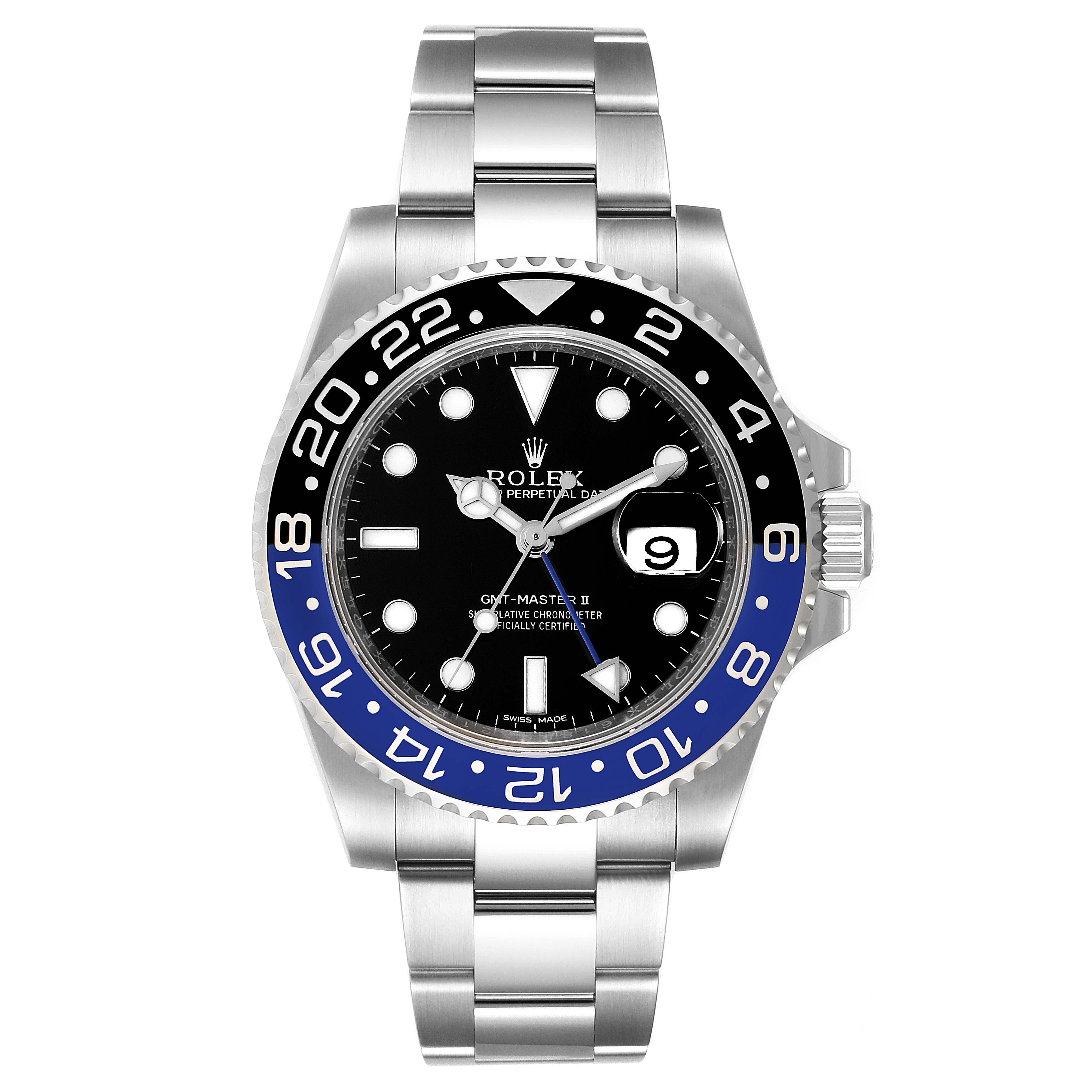 This image shows a front view of the Rolex GMT-Master 116710 Men
s Stainless Steel Black Dial 116710 Men
s Stainless Steel Black Dial II watch, including the bracelet, bezel, dial, and date window.