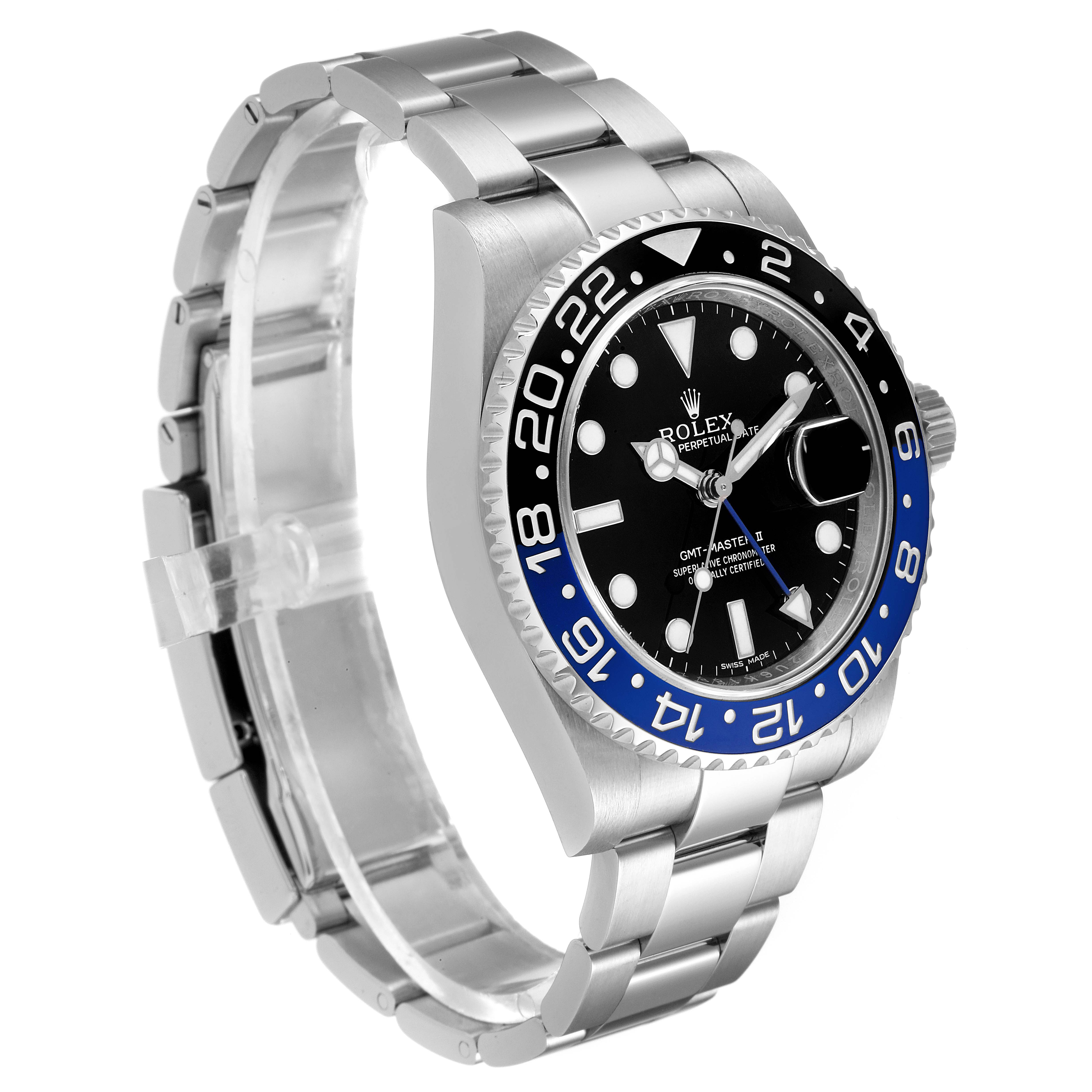 This image shows a side angle of the Rolex GMT-Master 116710 Men
s Stainless Steel Black Dial 116710 Men
s Stainless Steel Black Dial watch, highlighting the bezel, face, hands, and bracelet.