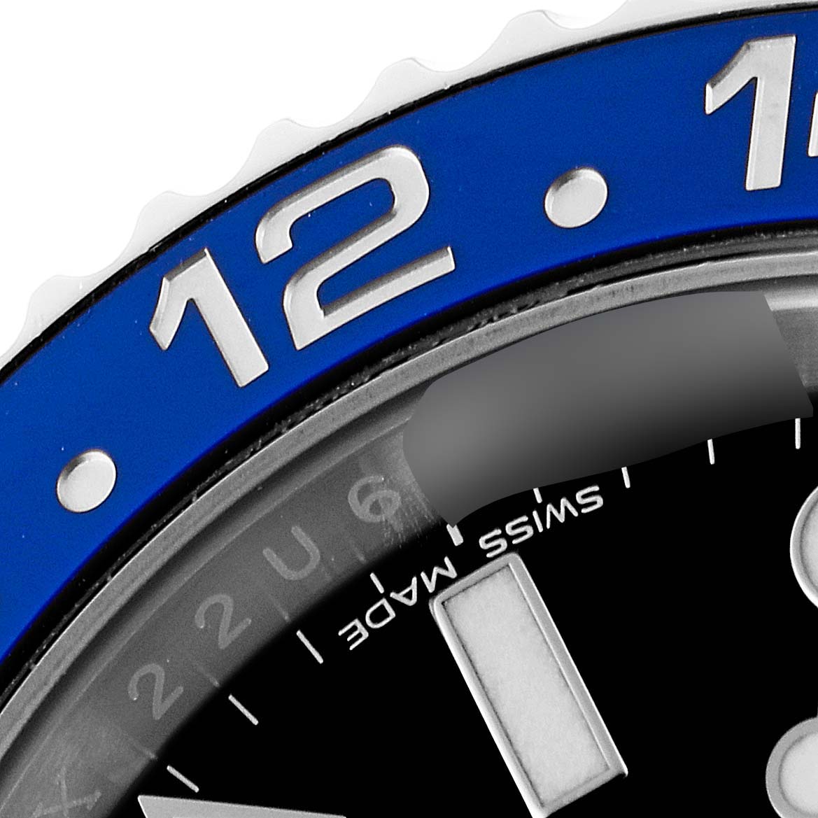 The image shows a close-up of the bezel and part of the dial of a Rolex GMT-Master 116710 Men
s Stainless Steel Black Dial 116710 Men
s Stainless Steel Black Dial watch.