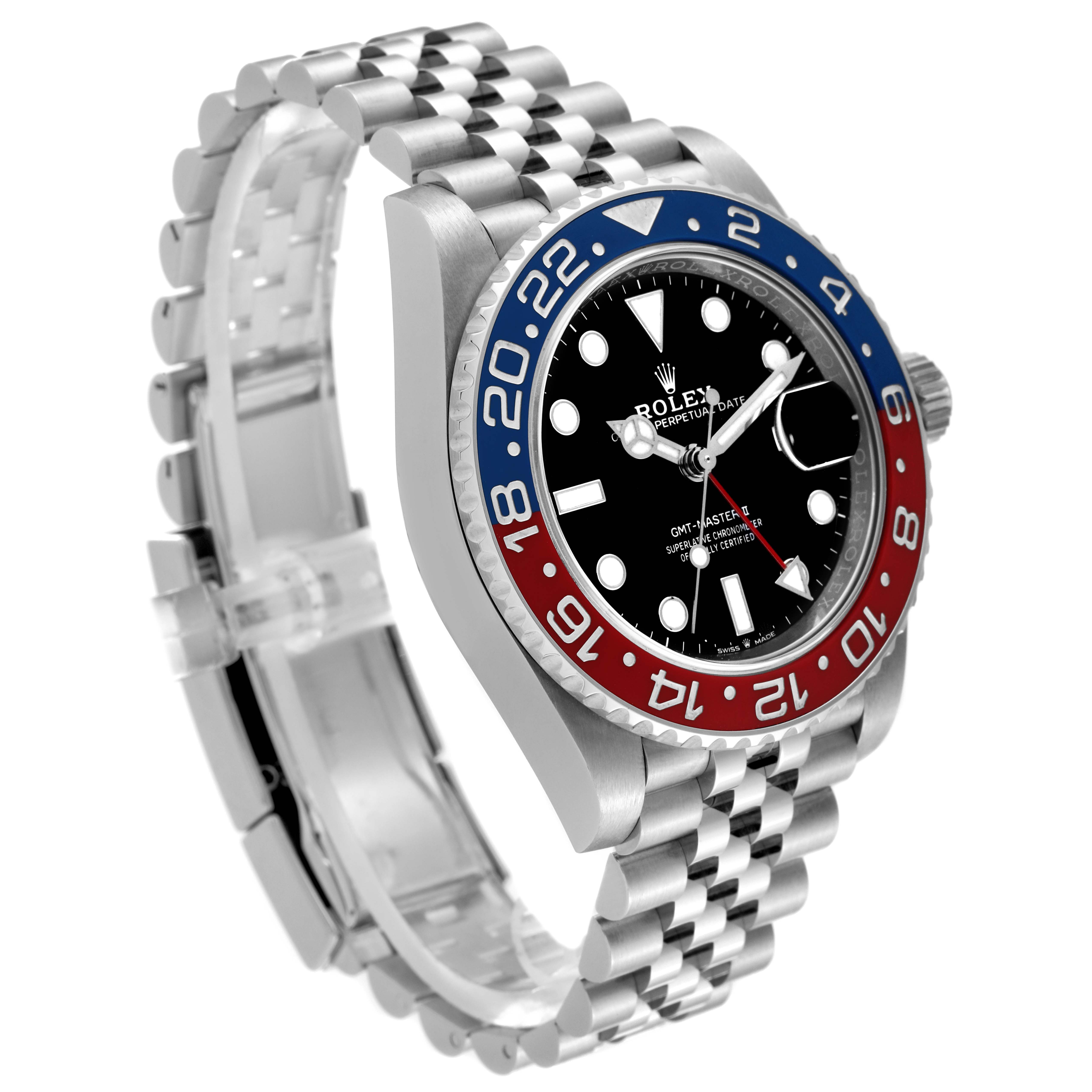 The Rolex GMT-Master 126710BLRO Men's Stainless Steel Black Dial 126710BLRO Men's Stainless Steel Black Dial watch is shown from a slight angle, highlighting the bezel, dial, and Jubilee bracelet.