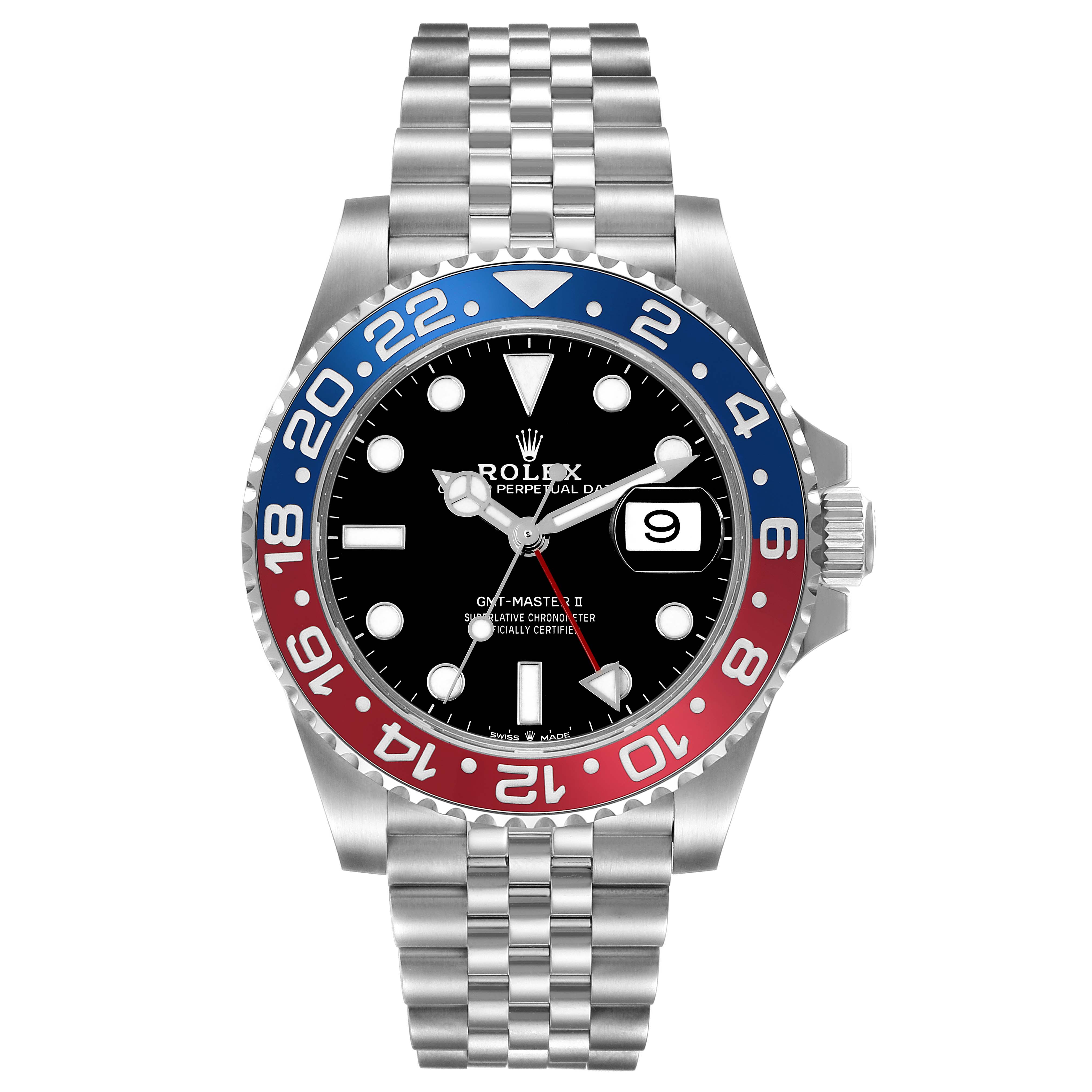 The Rolex GMT-Master 126710BLRO Men's Stainless Steel Black Dial 126710BLRO Men's Stainless Steel Black Dial model is shown from the front, displaying the bezel, dial, and bracelet.