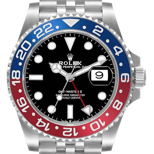 The image shows a front view of a Rolex GMT-Master II watch with a "Pepsi" bezel and date magnifier.