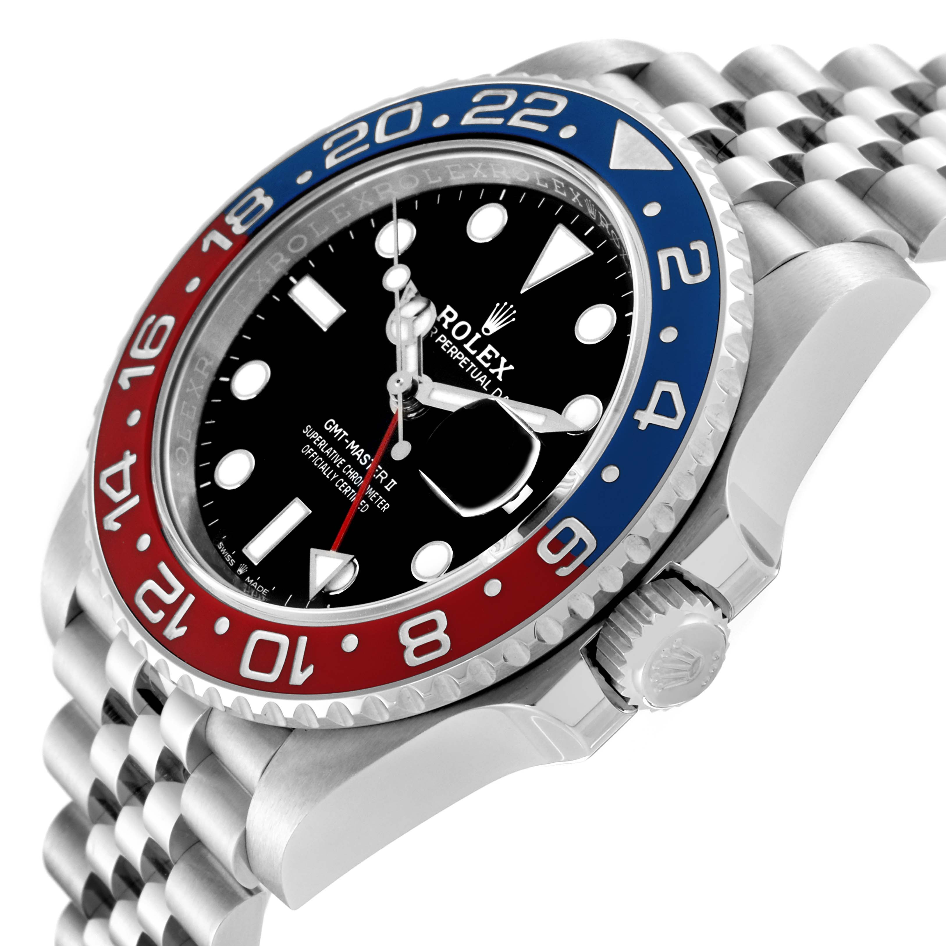The image shows a Rolex GMT-Master 126710BLRO Men's Stainless Steel Black Dial 126710BLRO Men's Stainless Steel Black Dial watch at an angled view highlighting the bezel, dial, crown, and bracelet.
