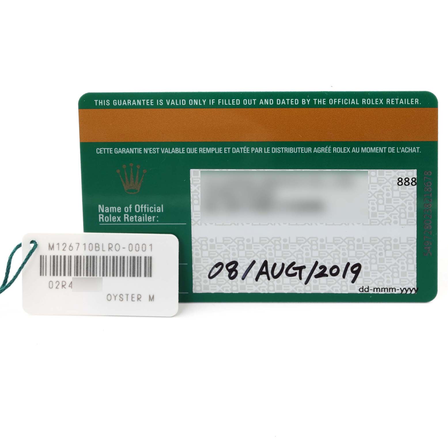 The image shows a Rolex GMT-Master 126710BLRO Men's Stainless Steel Black Dial 126710BLRO Men's Stainless Steel Black Dial warranty card and tag with model information.