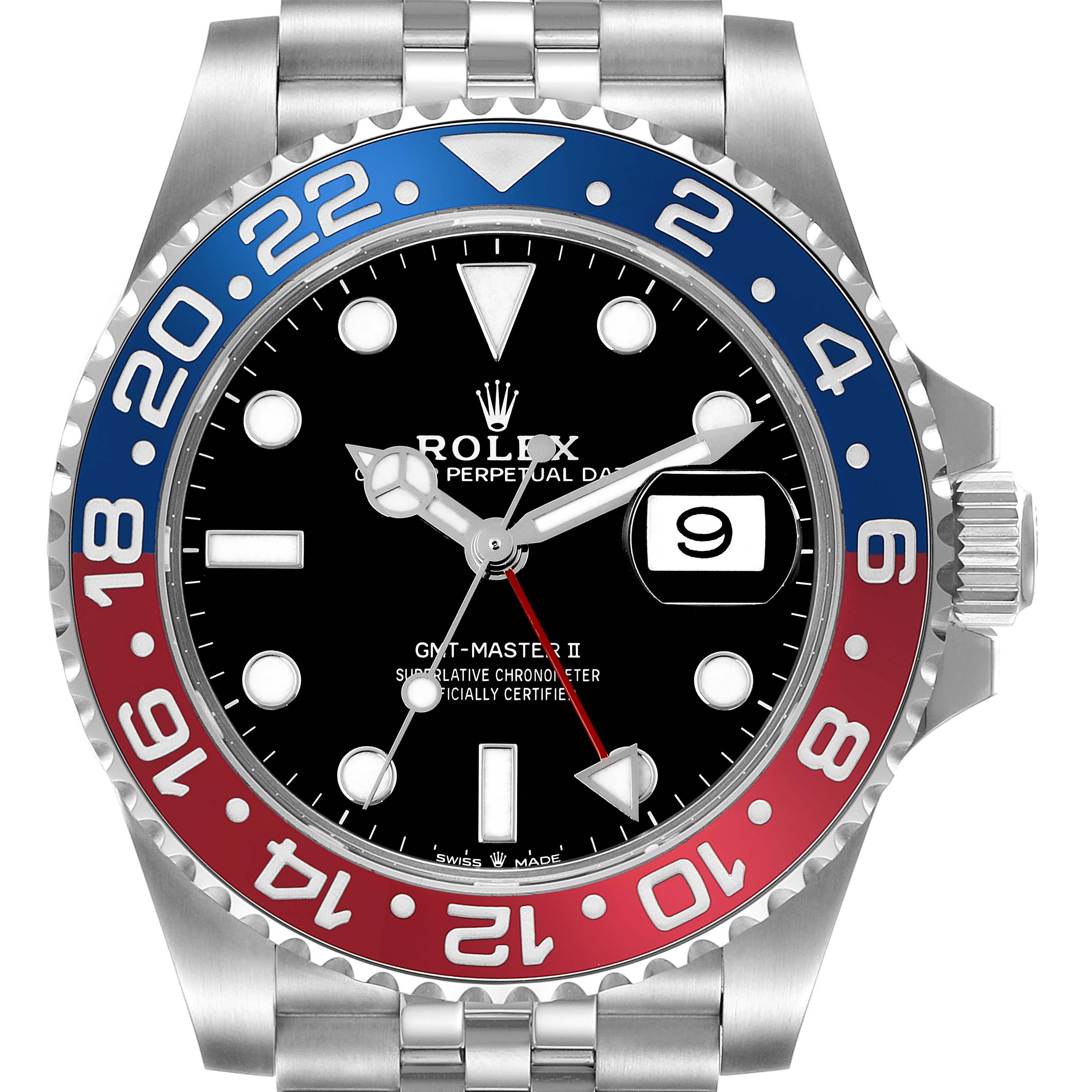 The Rolex GMT-Master 126710BLRO Men's Stainless Steel Black Dial 126710BLRO Men's Stainless Steel Black Dial II is shown from a front view, featuring the bezel, dial, and hour markers.