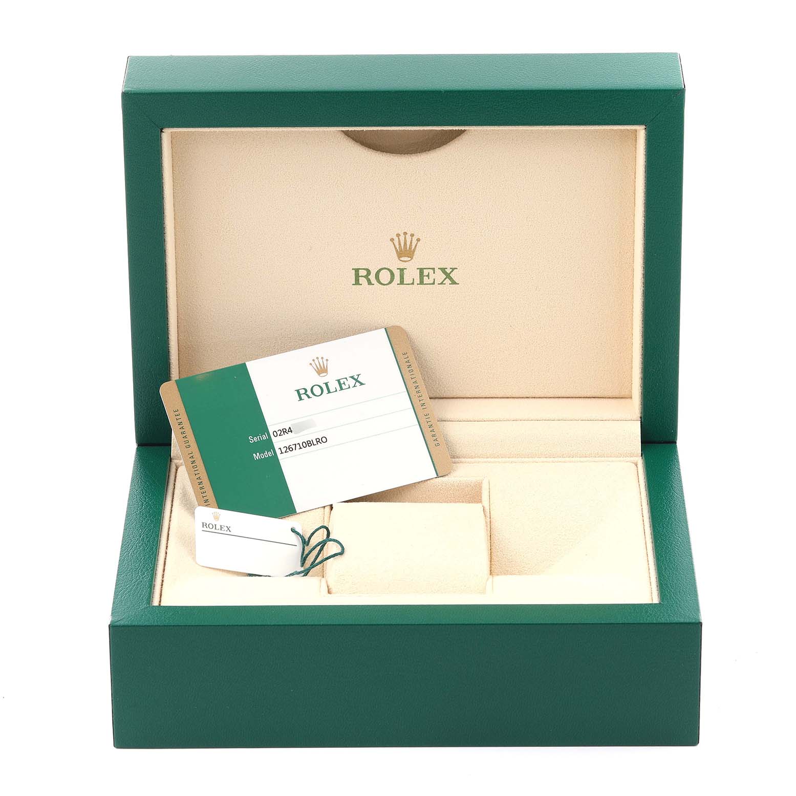 The image shows an open Rolex GMT-Master 126710BLRO Men's Stainless Steel Black Dial 126710BLRO Men's Stainless Steel Black Dial box with an authenticity card and tag, viewed from the front.