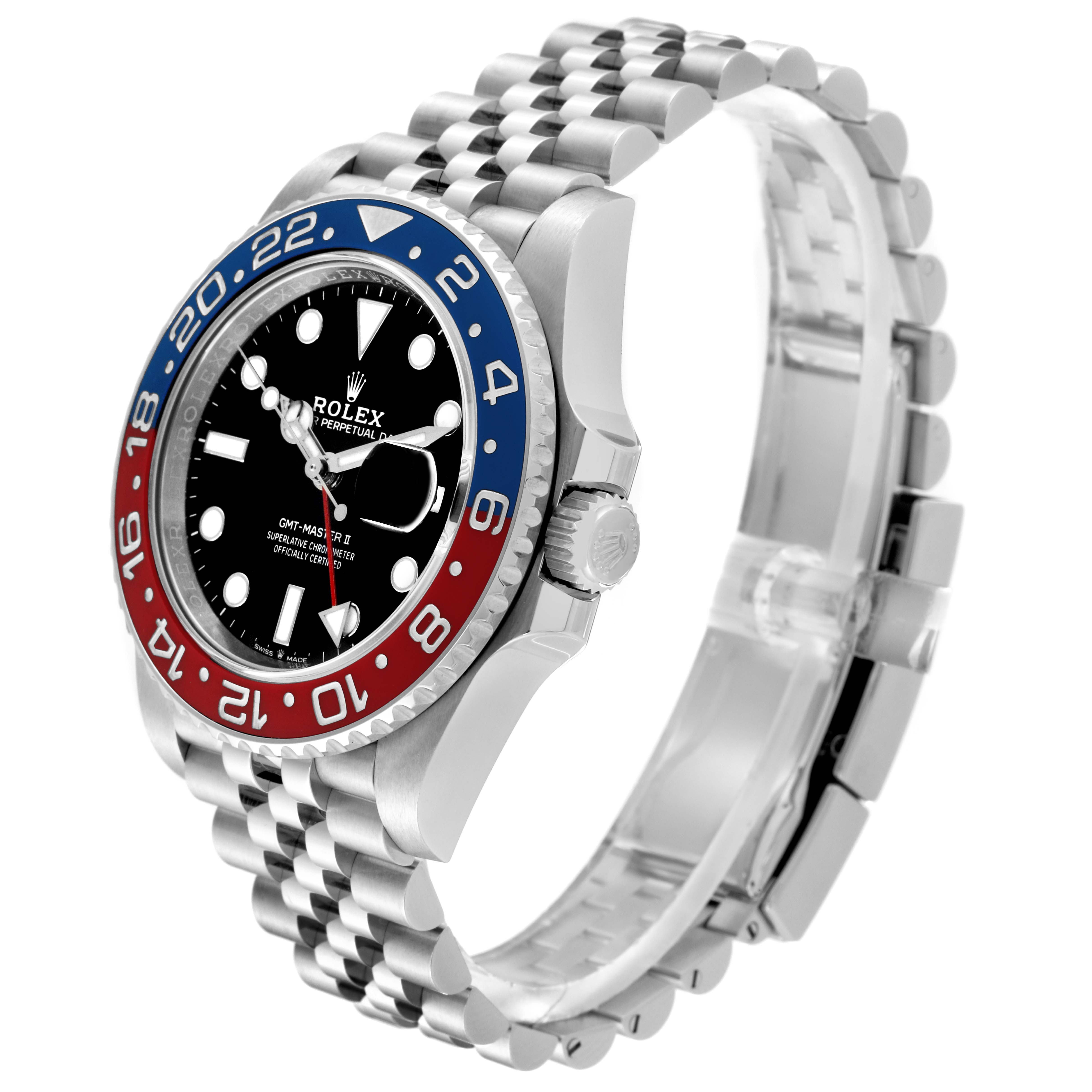 The Rolex GMT-Master 126710BLRO Men's Stainless Steel Black Dial 126710BLRO Men's Stainless Steel Black Dial watch is shown at a three-quarter angle, highlighting the bezel, dial, crown, and jubilee bracelet.