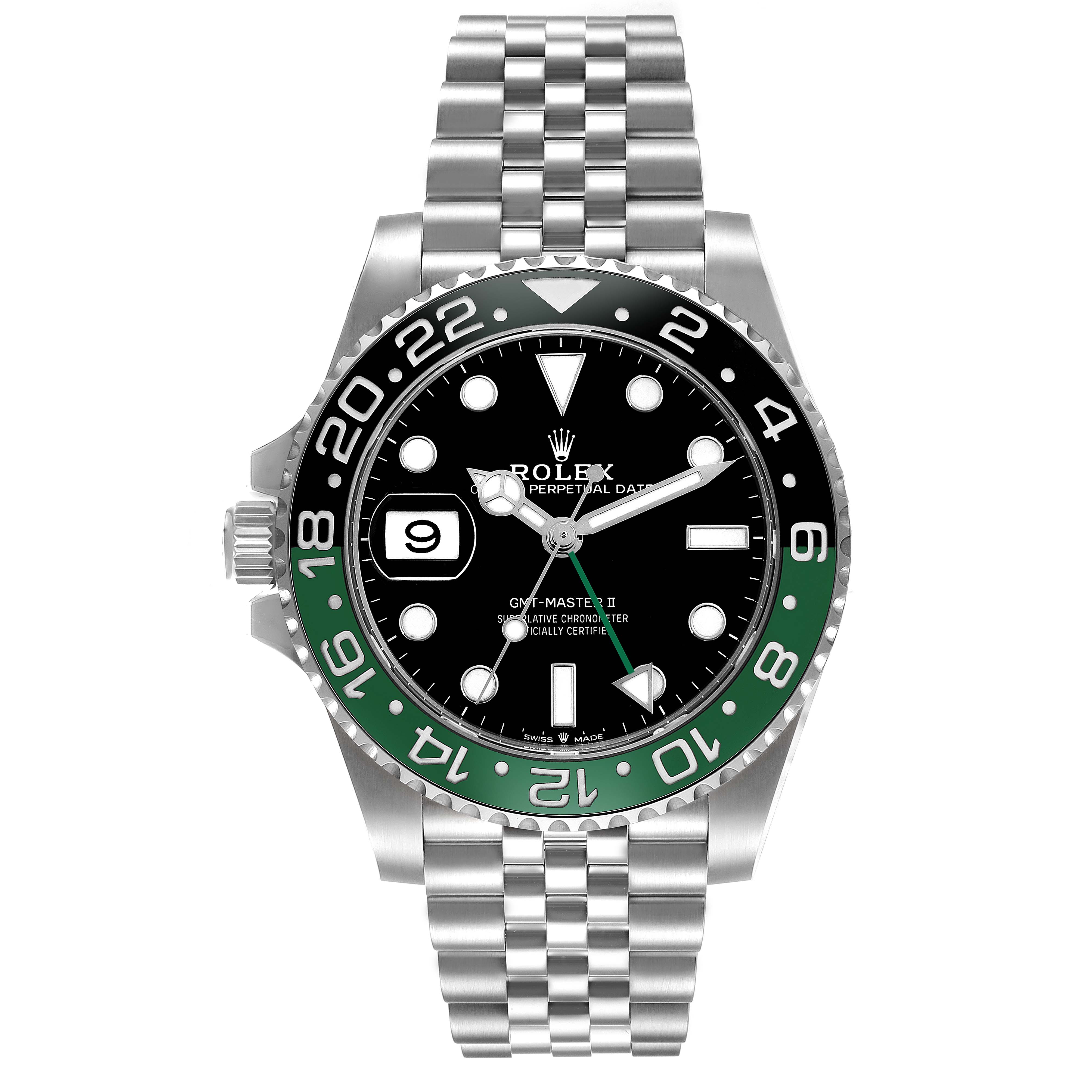 This image shows a front view of the Rolex GMT-Master 126720VTNR-0001 Men's Stainless Steel Black Dial 126720VTNR-0001 Men's Stainless Steel Black Dial II watch, highlighting the bezel, dial, crown, and bracelet.