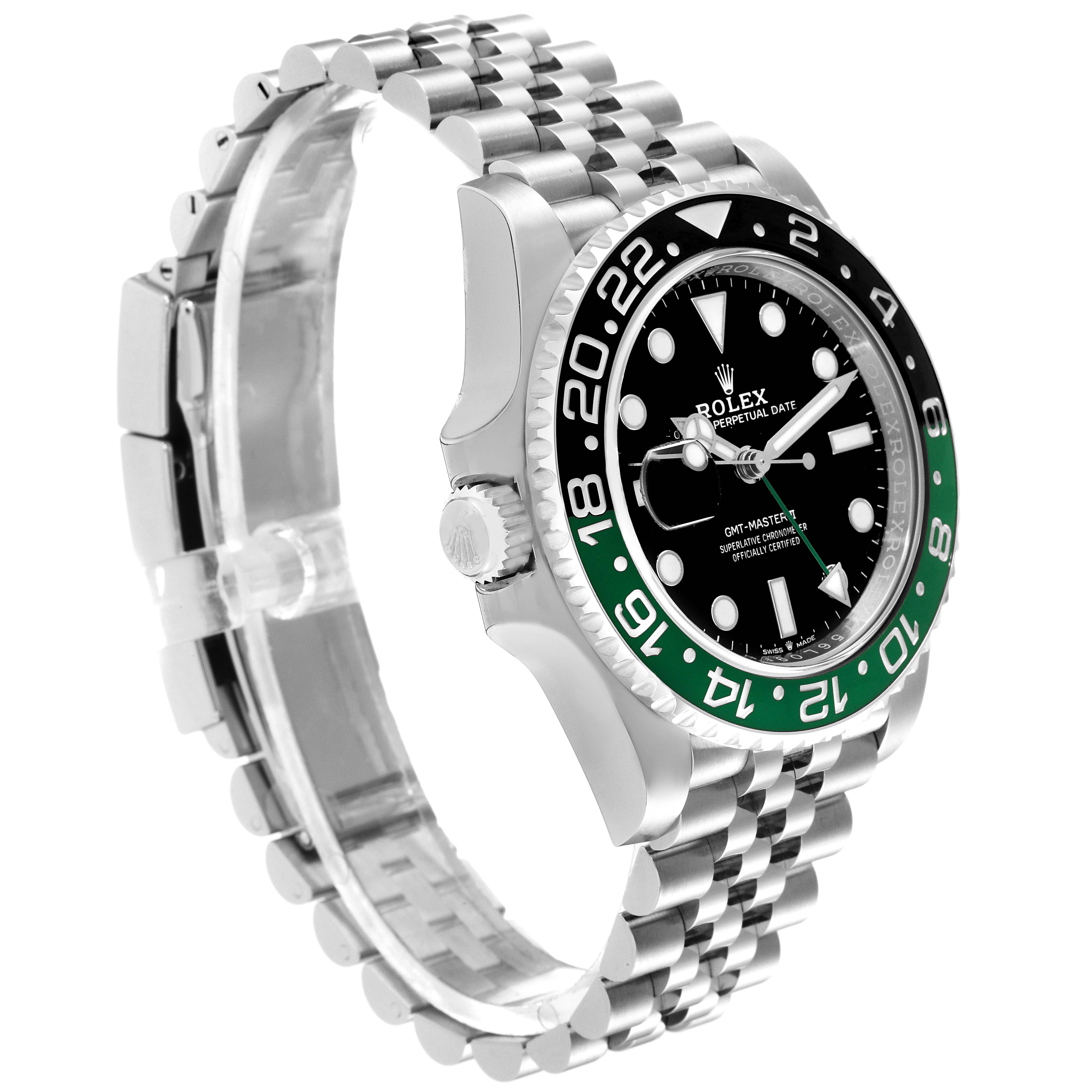 The Rolex GMT-Master 126720VTNR-0001 Men's Stainless Steel Black Dial 126720VTNR-0001 Men's Stainless Steel Black Dial watch is shown at a three-quarter angle, highlighting its face, bezel, crown, and Jubilee bracelet.