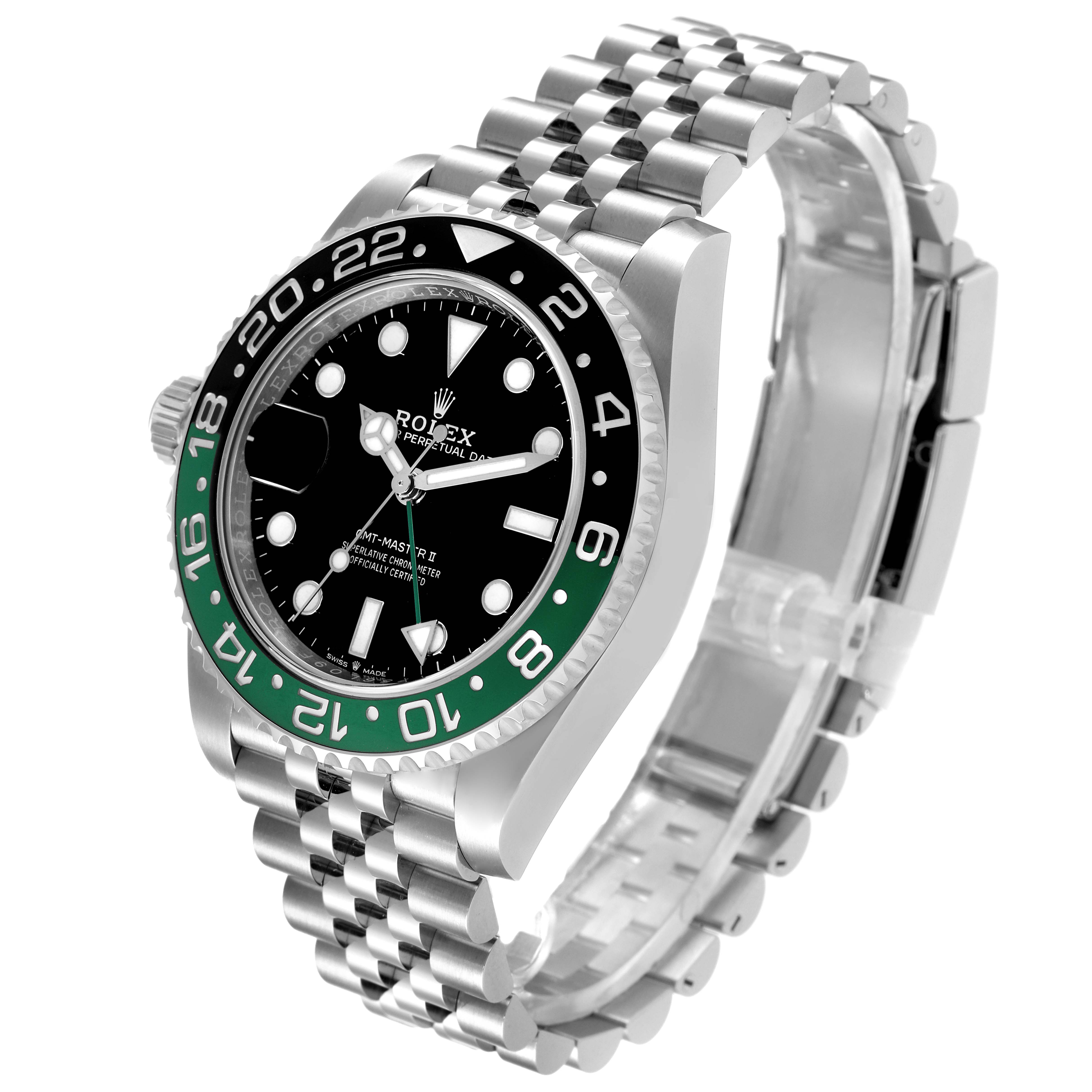This image shows a Rolex GMT-Master 126720VTNR-0001 Men's Stainless Steel Black Dial 126720VTNR-0001 Men's Stainless Steel Black Dial II watch at a slightly tilted angle, displaying the face, bezel, and bracelet.