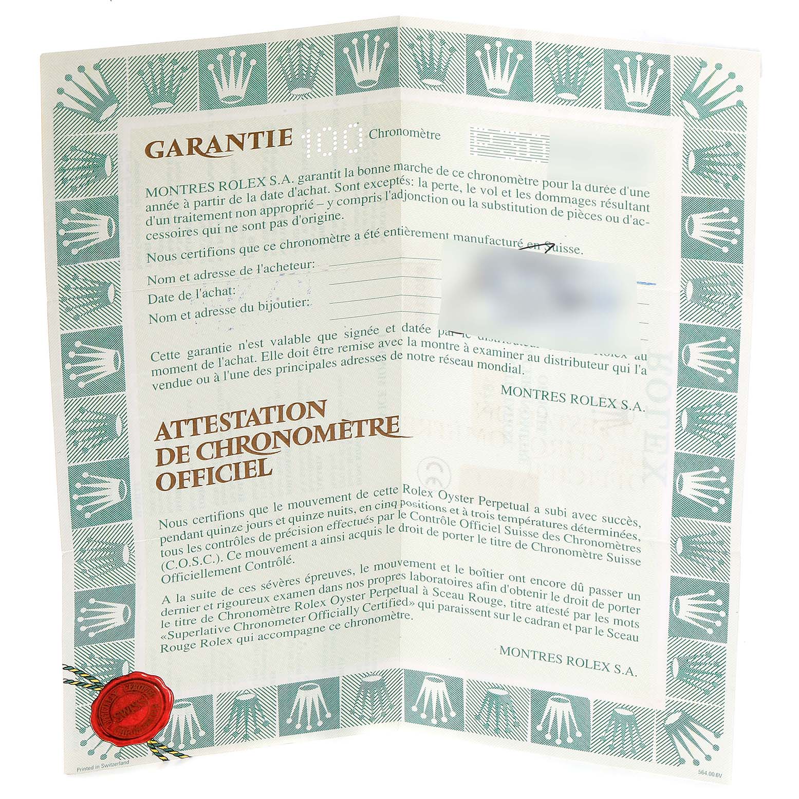 This image shows the warranty certificate and official chronometer certification for a Rolex GMT-Master 16713 Men's Steel and Gold (two tone) Black Dial 16713 Men's Steel and Gold (two tone) Black Dial watch.