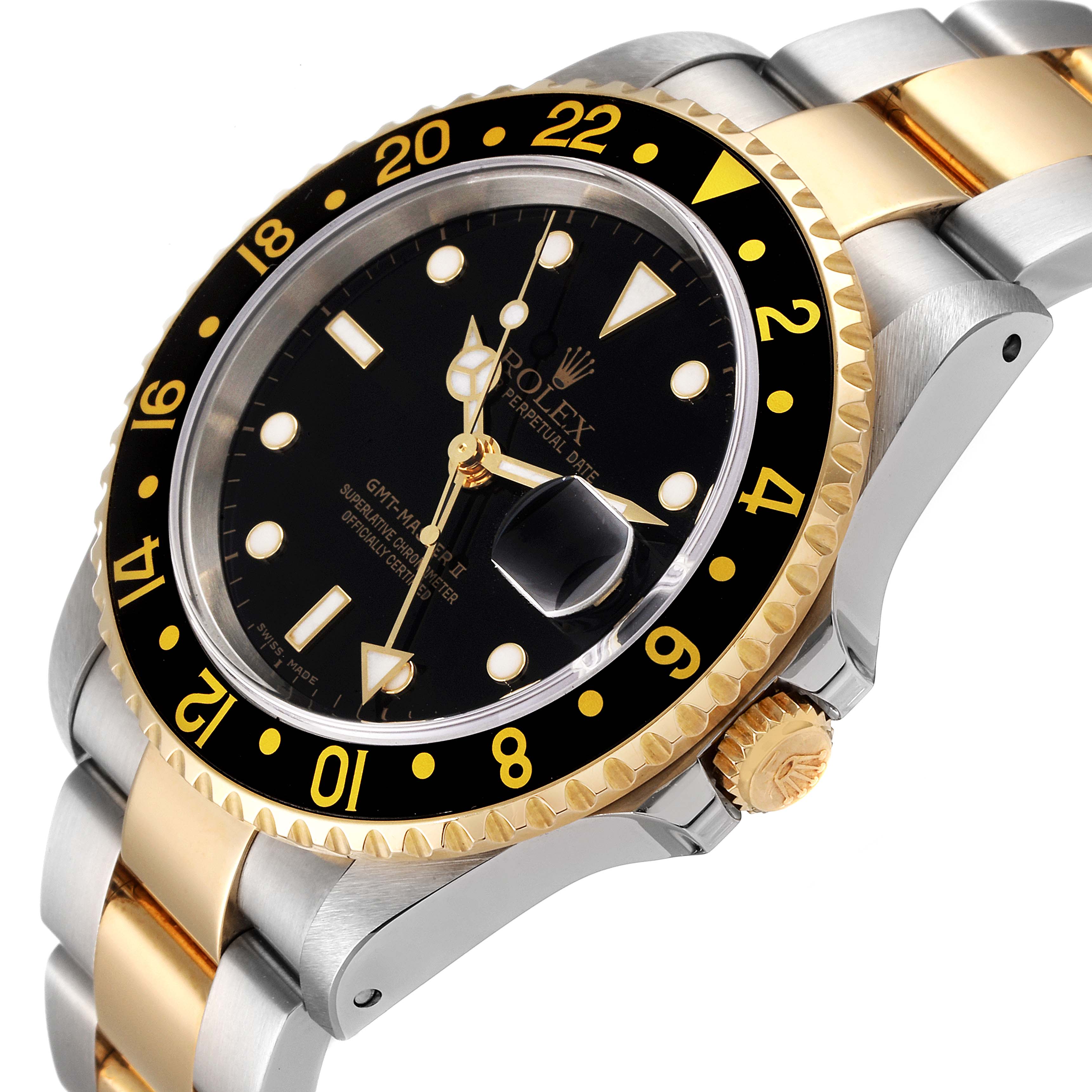 The image shows a Rolex GMT-Master 16713 Men's Steel and Gold (two tone) Black Dial 16713 Men's Steel and Gold (two tone) Black Dial watch at an angle highlighting the face, bezel, crown, and two-tone bracelet.