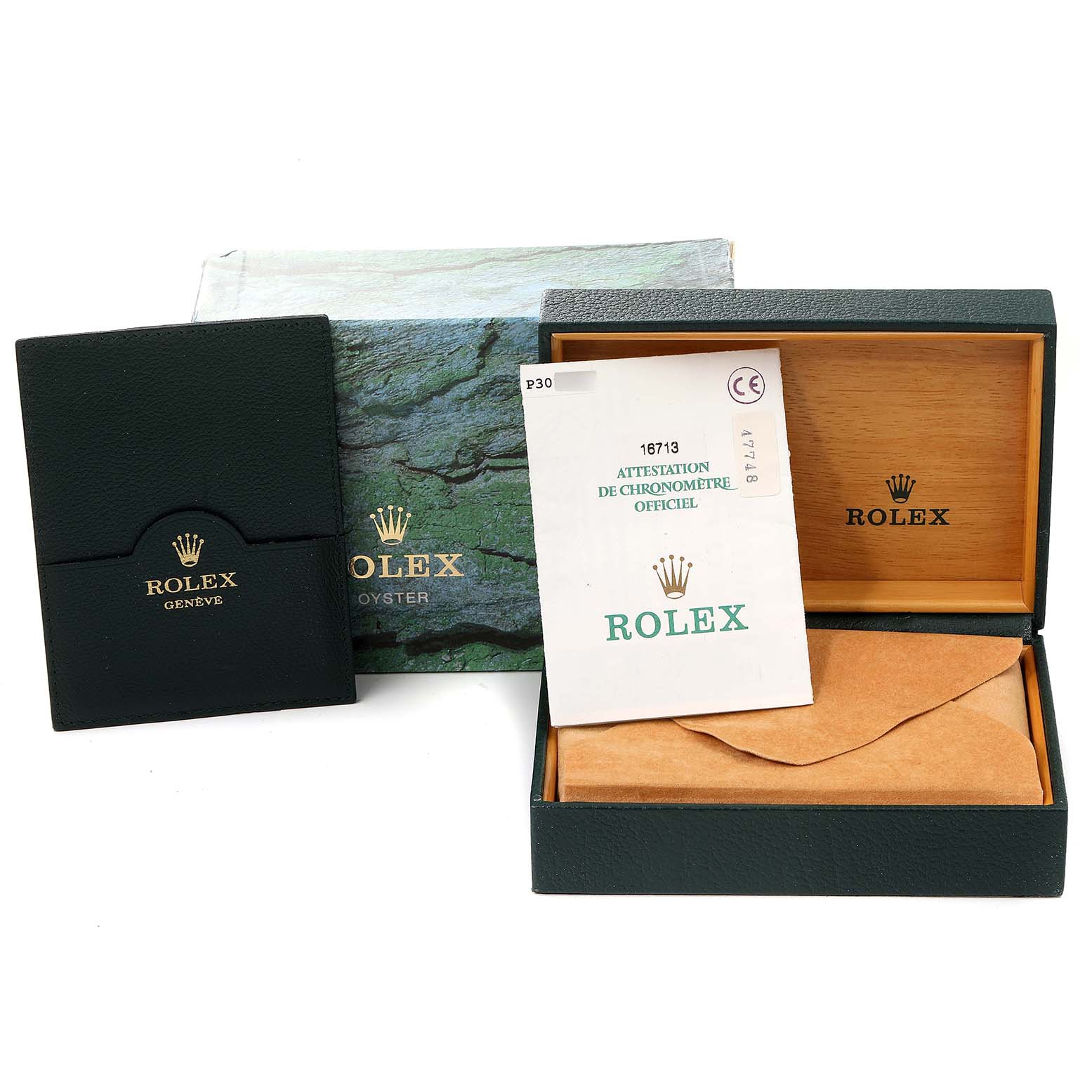 The image shows the packaging and documentation for the Rolex GMT-Master 16713 Men's Steel and Gold (two tone) Black Dial 16713 Men's Steel and Gold (two tone) Black Dial, including the box, cardholder, and warranty papers.