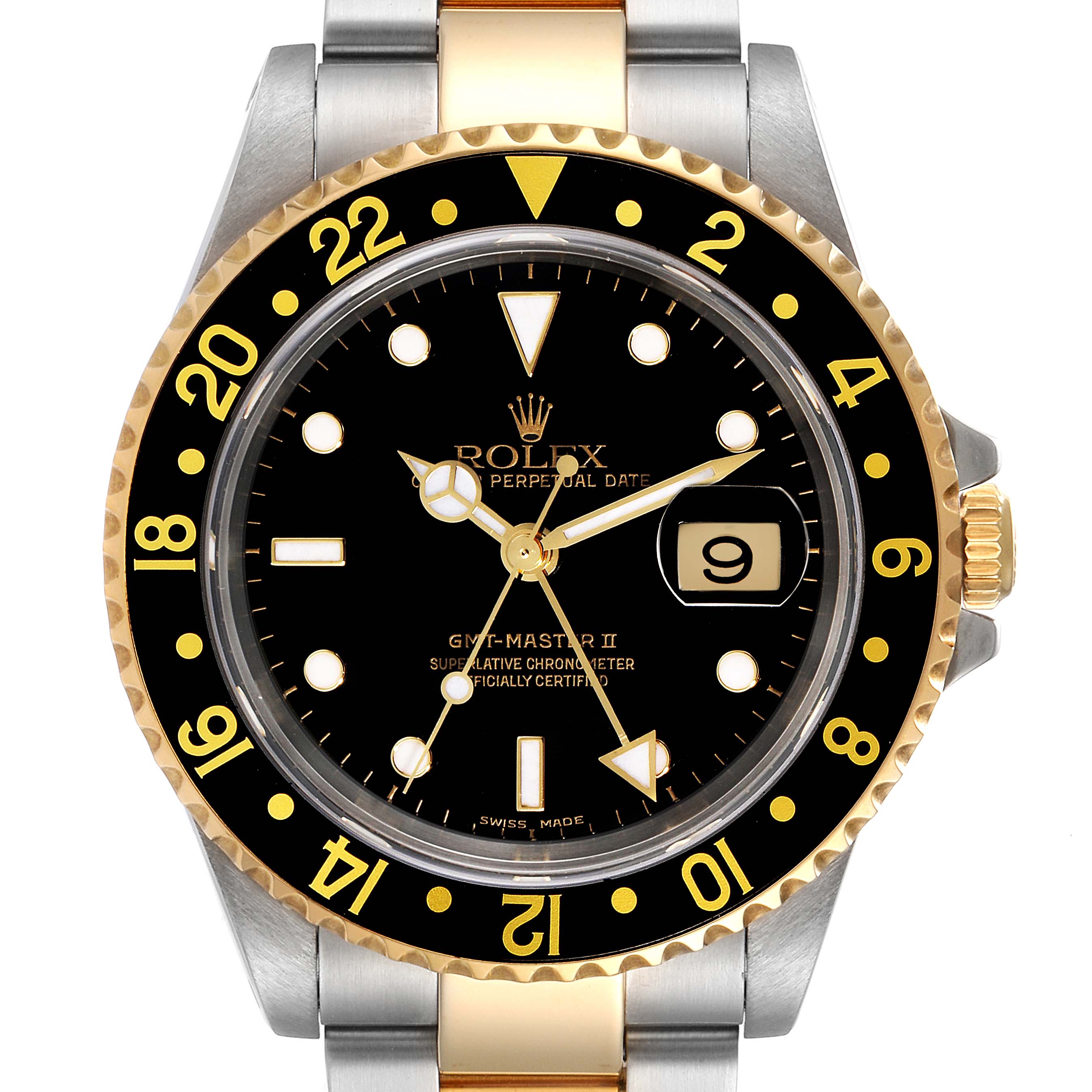 The Rolex GMT-Master 16713 Men's Steel and Gold (two tone) Black Dial 16713 Men's Steel and Gold (two tone) Black Dial watch is shown from a front angle, highlighting its dial, bezel, and part of the bracelet.