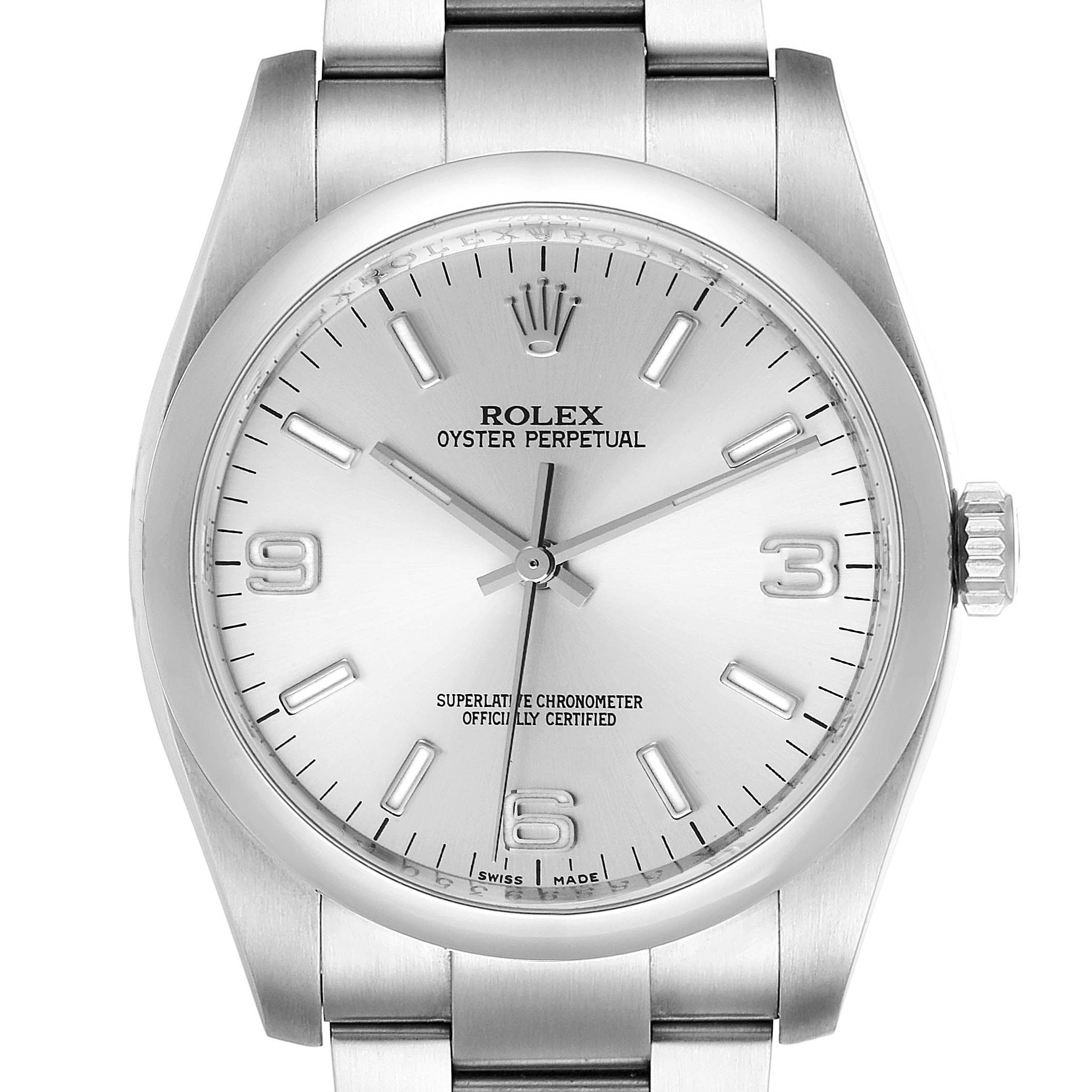 This image shows a front view of the Rolex Oyster Perpetual 116000 Men's Stainless Steel Silver Dial 116000 Men's Stainless Steel Silver Dial watch, highlighting the dial, hands, crown, and part of the bracelet.
