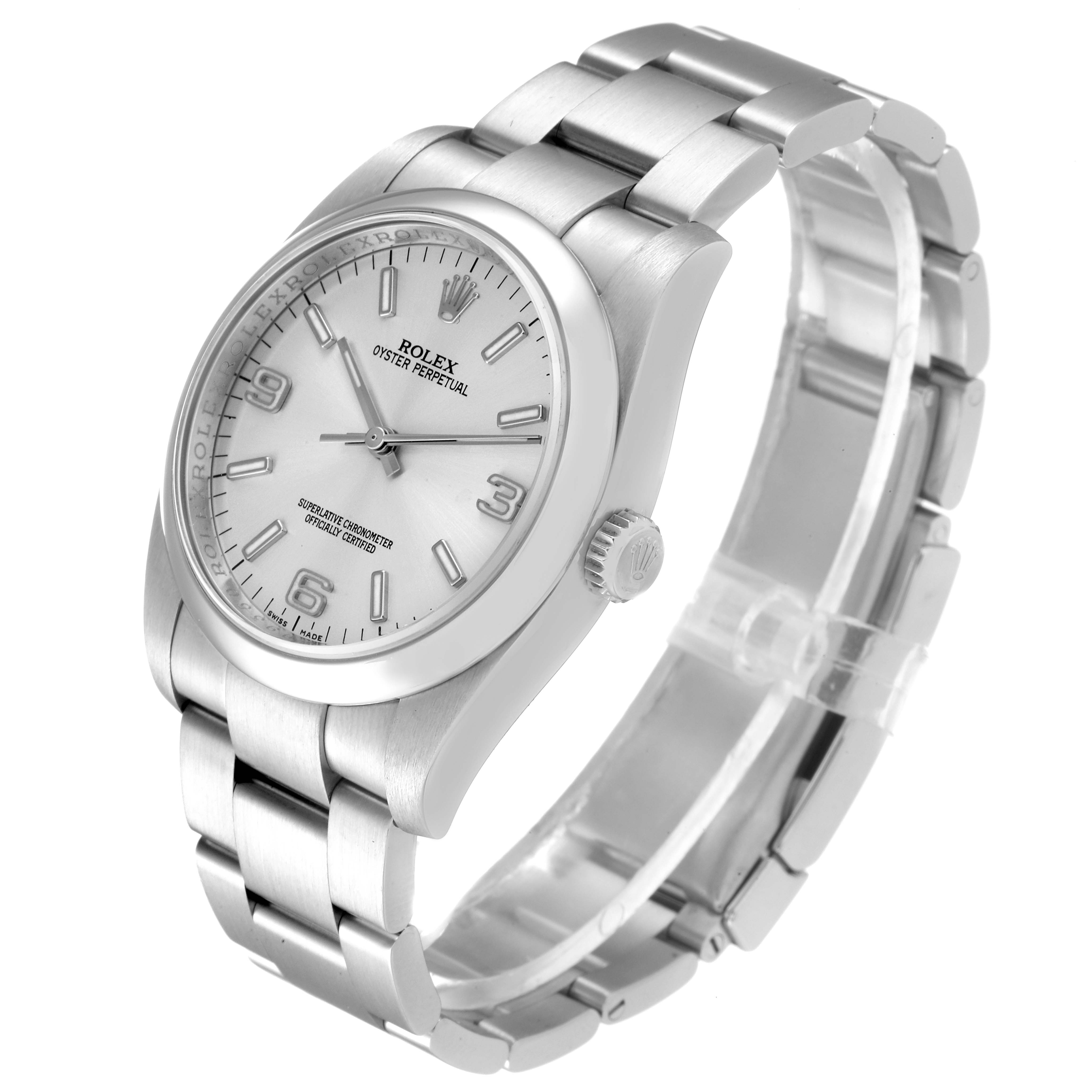 The image shows a side angle of a Rolex Oyster Perpetual 116000 Men's Stainless Steel Silver Dial 116000 Men's Stainless Steel Silver Dial watch, displaying the face, bezel, crown, and bracelet.