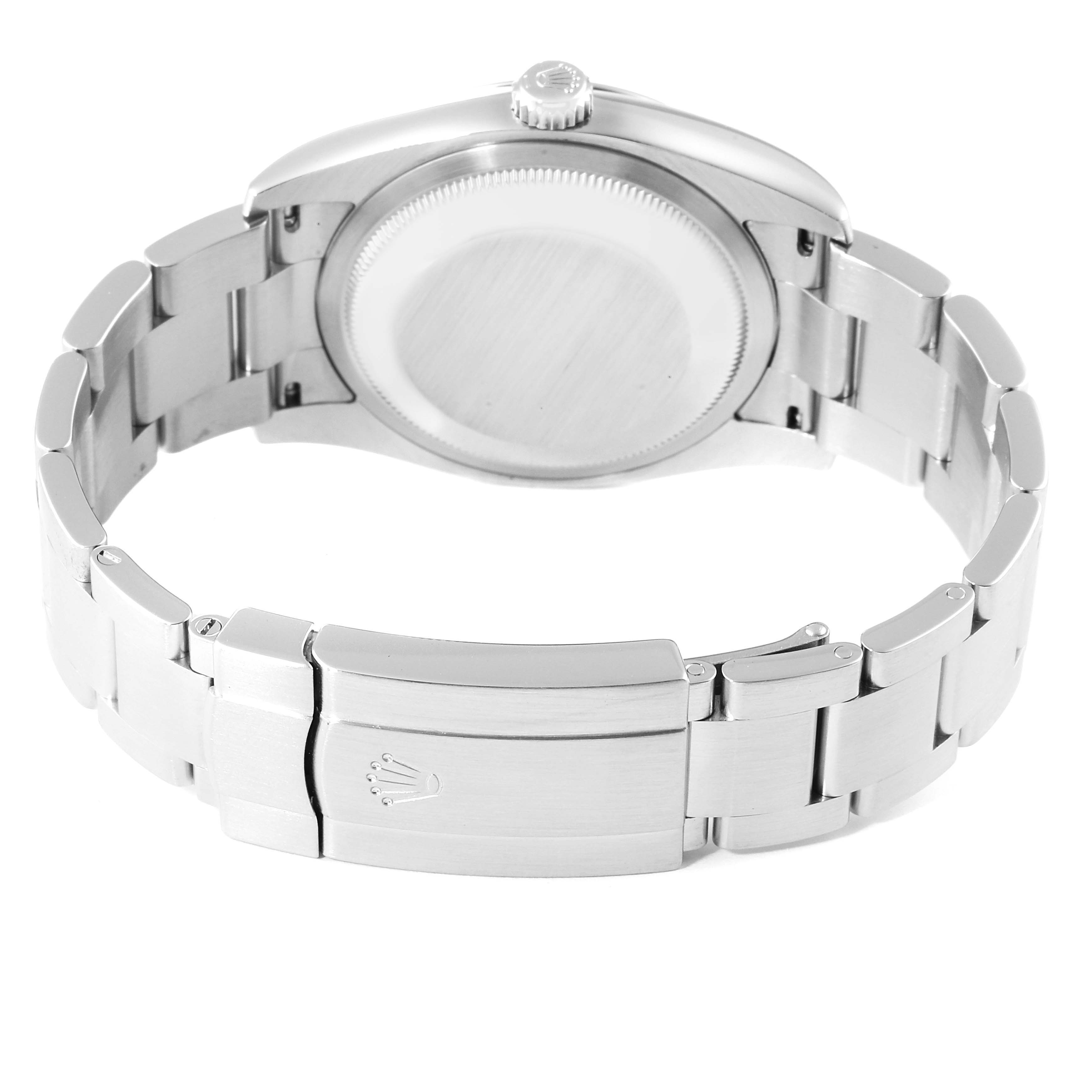 This image shows the back and clasp of a Rolex Oyster Perpetual 116000 Men's Stainless Steel Silver Dial 116000 Men's Stainless Steel Silver Dial watch.