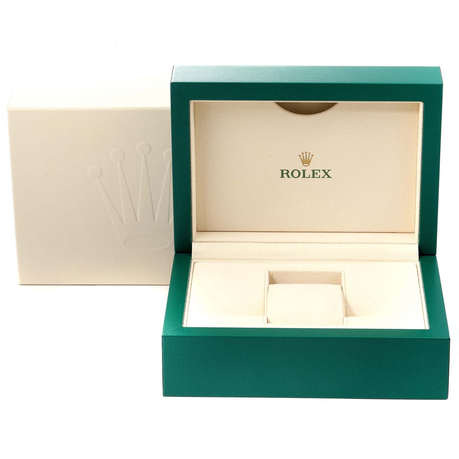 This image shows an open green and beige Rolex Oyster Perpetual 116000 Men's Stainless Steel Silver Dial 116000 Men's Stainless Steel Silver Dial watch box with a white outer box beside it.
