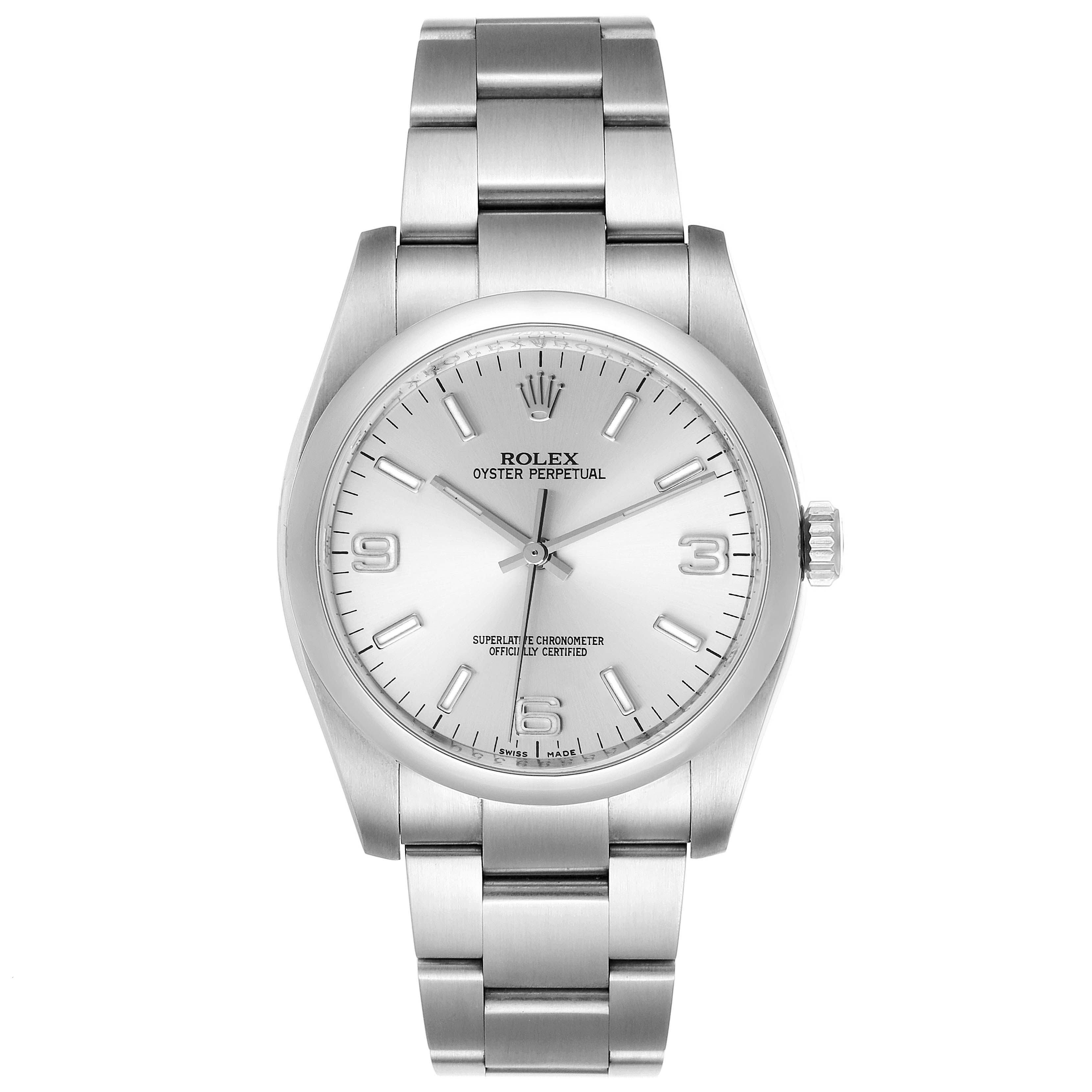 This image shows a front view of a Rolex Oyster Perpetual 116000 Men's Stainless Steel Silver Dial 116000 Men's Stainless Steel Silver Dial watch, displaying the face, dial, and bracelet.