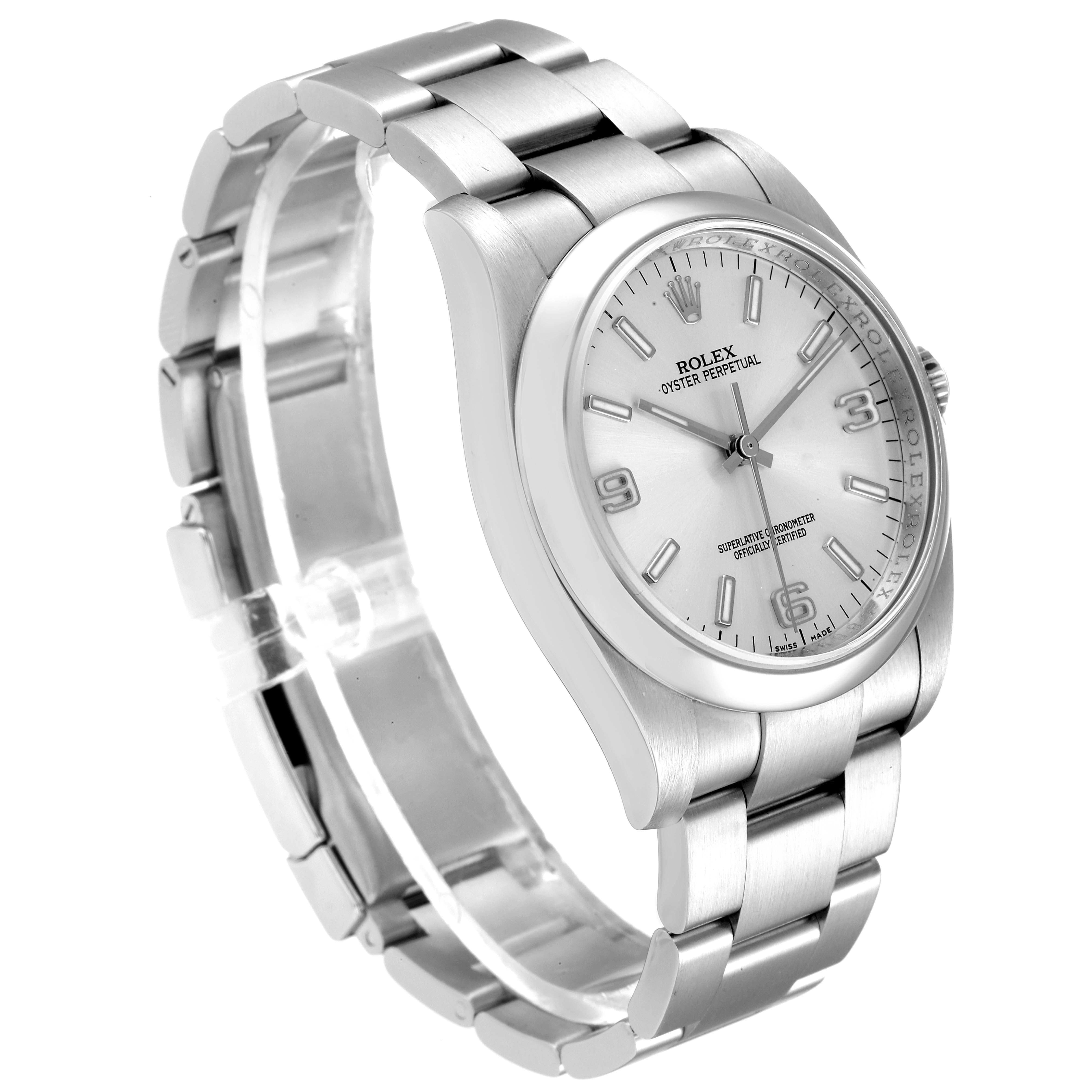 The Rolex Oyster Perpetual 116000 Men's Stainless Steel Silver Dial 116000 Men's Stainless Steel Silver Dial watch is shown at a three-quarter angle, displaying the face, bracelet, and case.