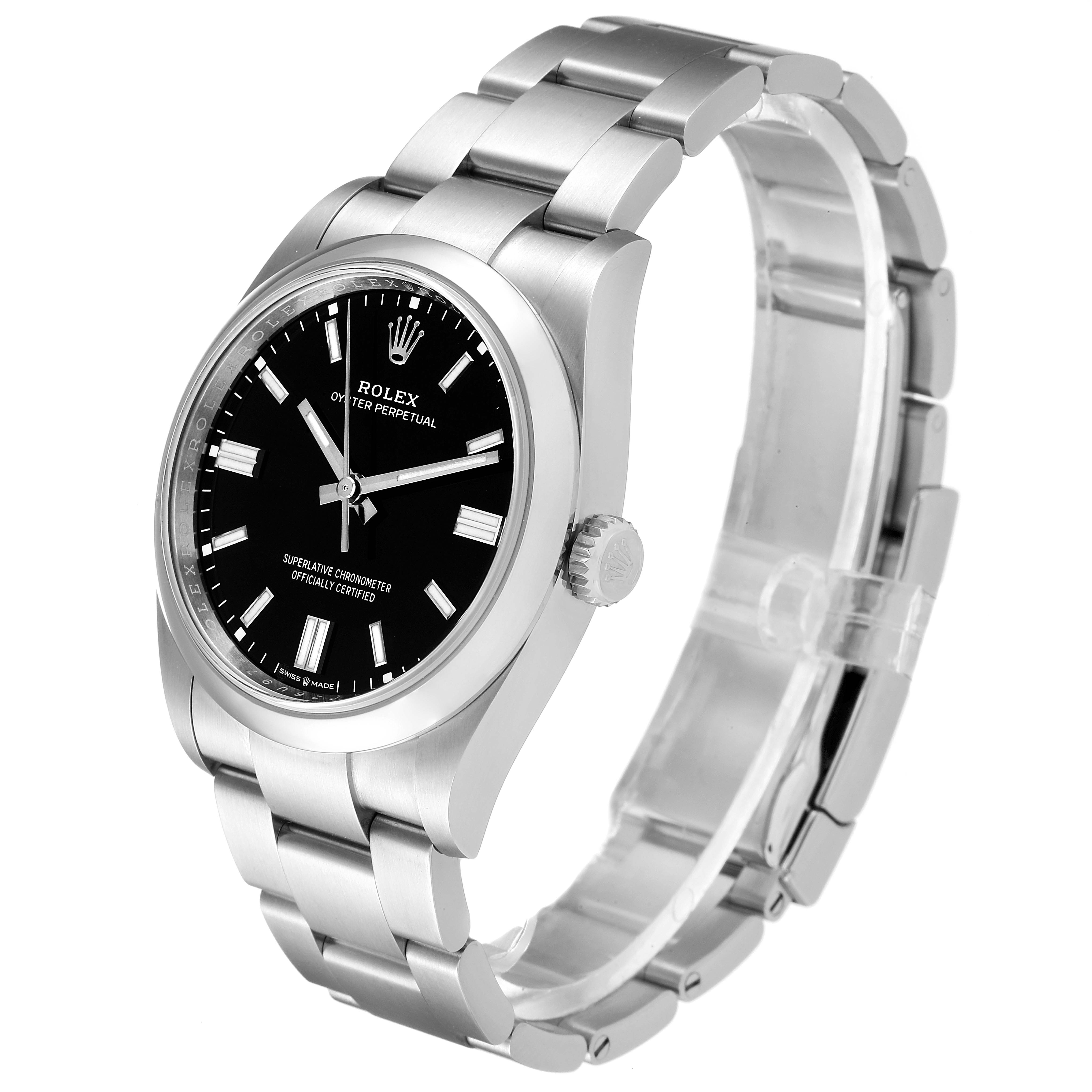 This image shows a side angle view of a Rolex Oyster Perpetual 126000 Men
s Stainless Steel Black Dial 126000 Men
s Stainless Steel Black Dial watch, highlighting the dial, bezel, and bracelet.