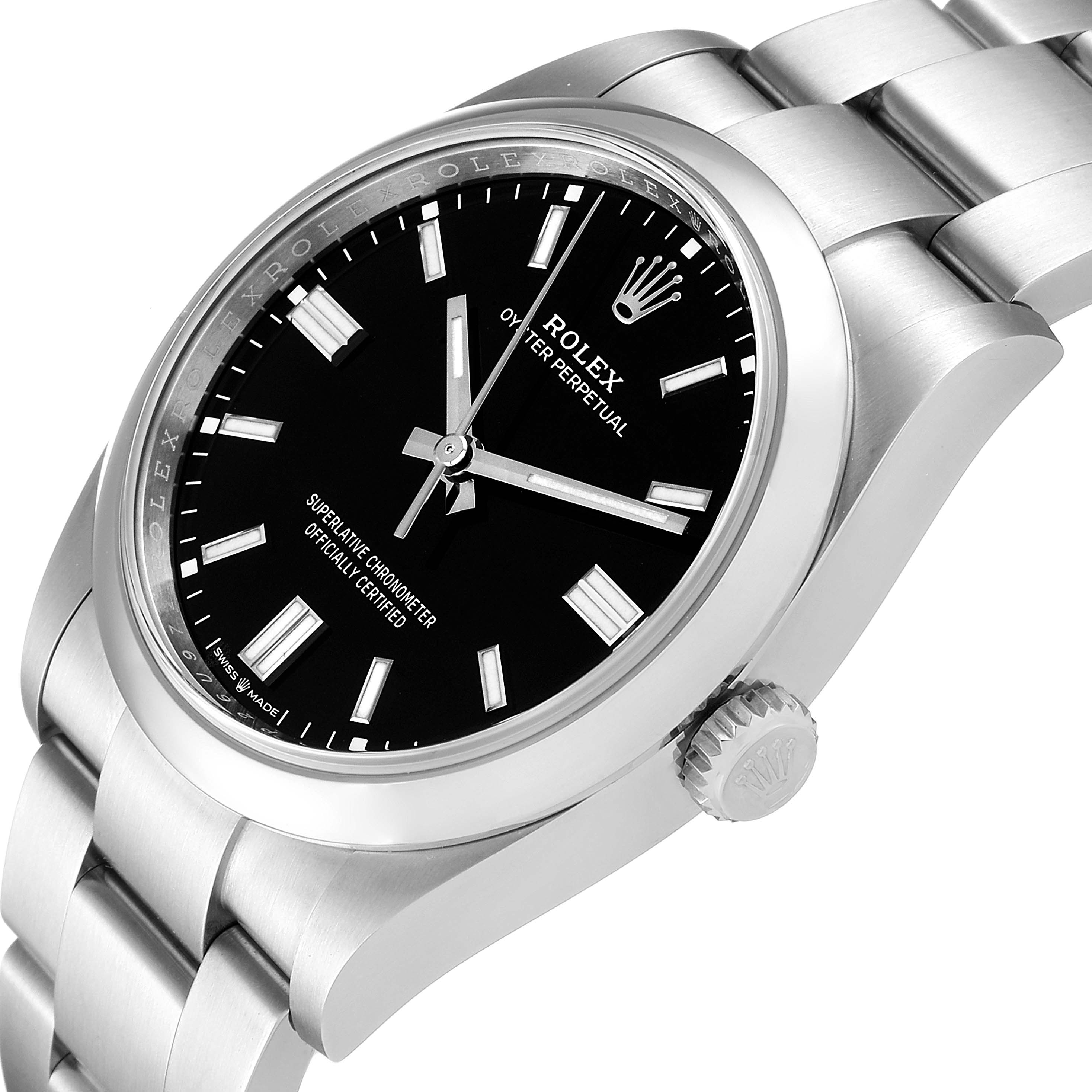 The image shows a close-up angled view of the Rolex Oyster Perpetual 126000 Men
s Stainless Steel Black Dial 126000 Men
s Stainless Steel Black Dial watch, highlighting the dial, bezel, crown, and part of the bracelet.