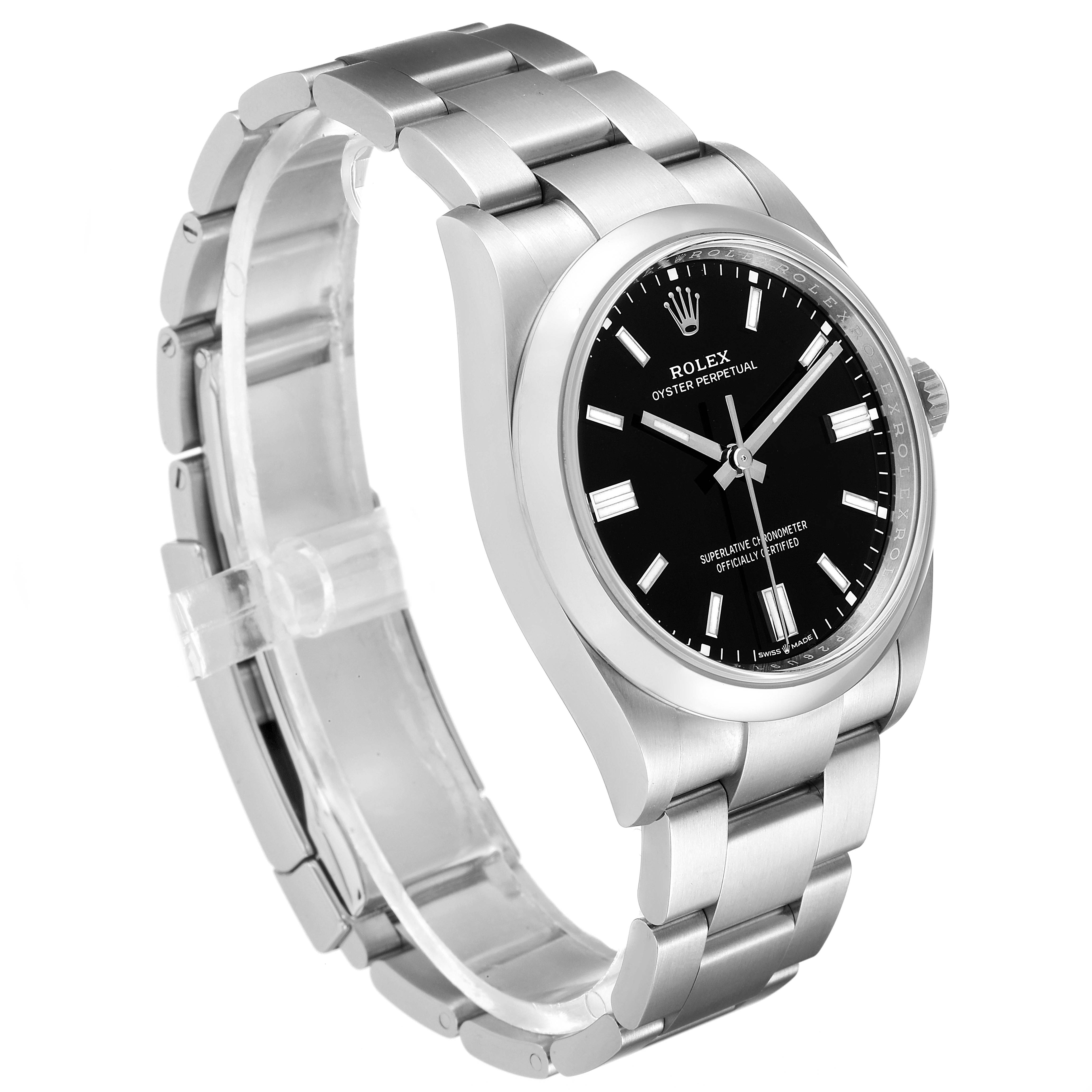 The image shows a Rolex Oyster Perpetual 126000 Men
s Stainless Steel Black Dial 126000 Men
s Stainless Steel Black Dial watch at a three-quarter angle, highlighting its black dial, silver bezel, and metal bracelet.