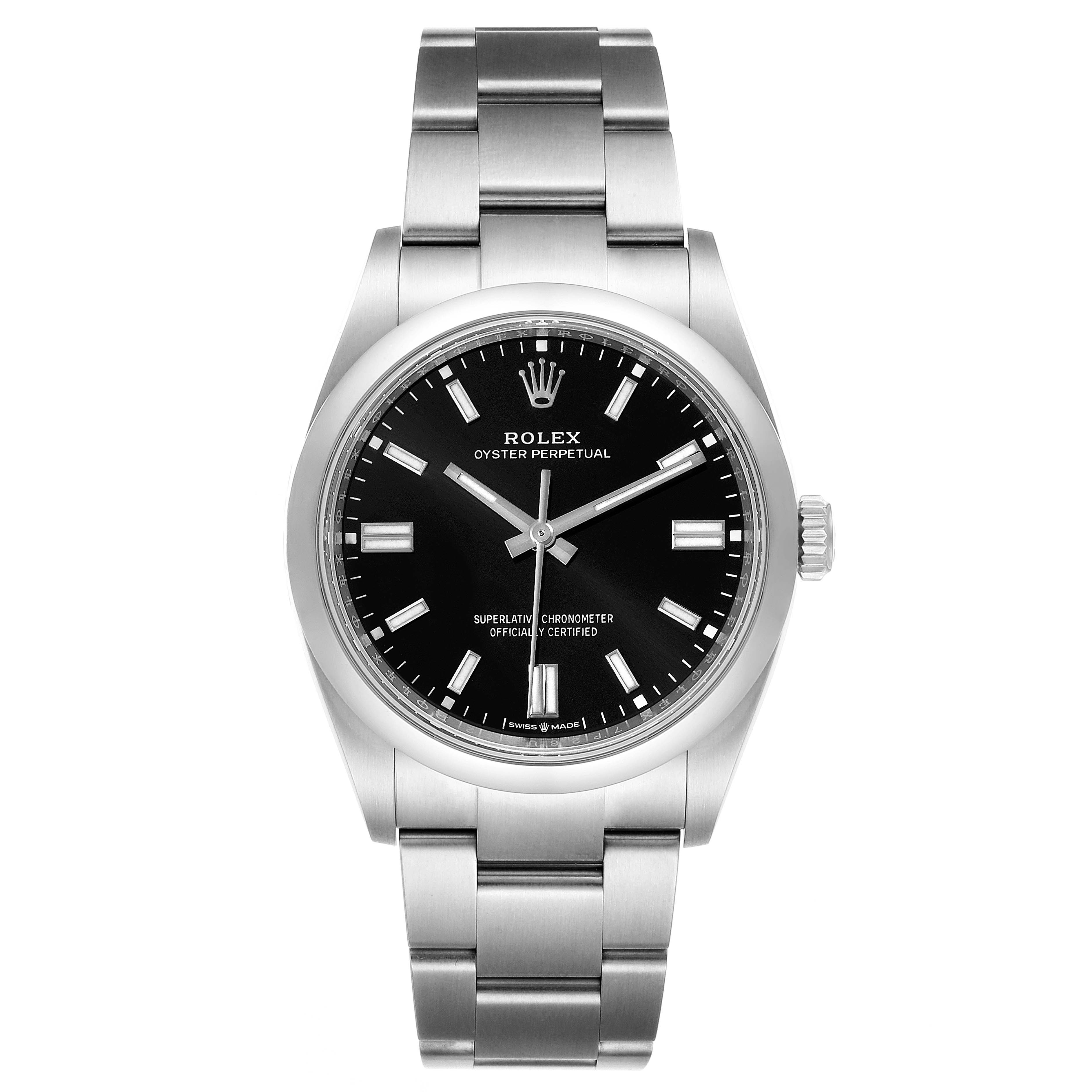 The image shows a front view of a Rolex Oyster Perpetual 126000 Men
s Stainless Steel Black Dial 126000 Men
s Stainless Steel Black Dial watch, displaying its face and stainless steel bracelet.