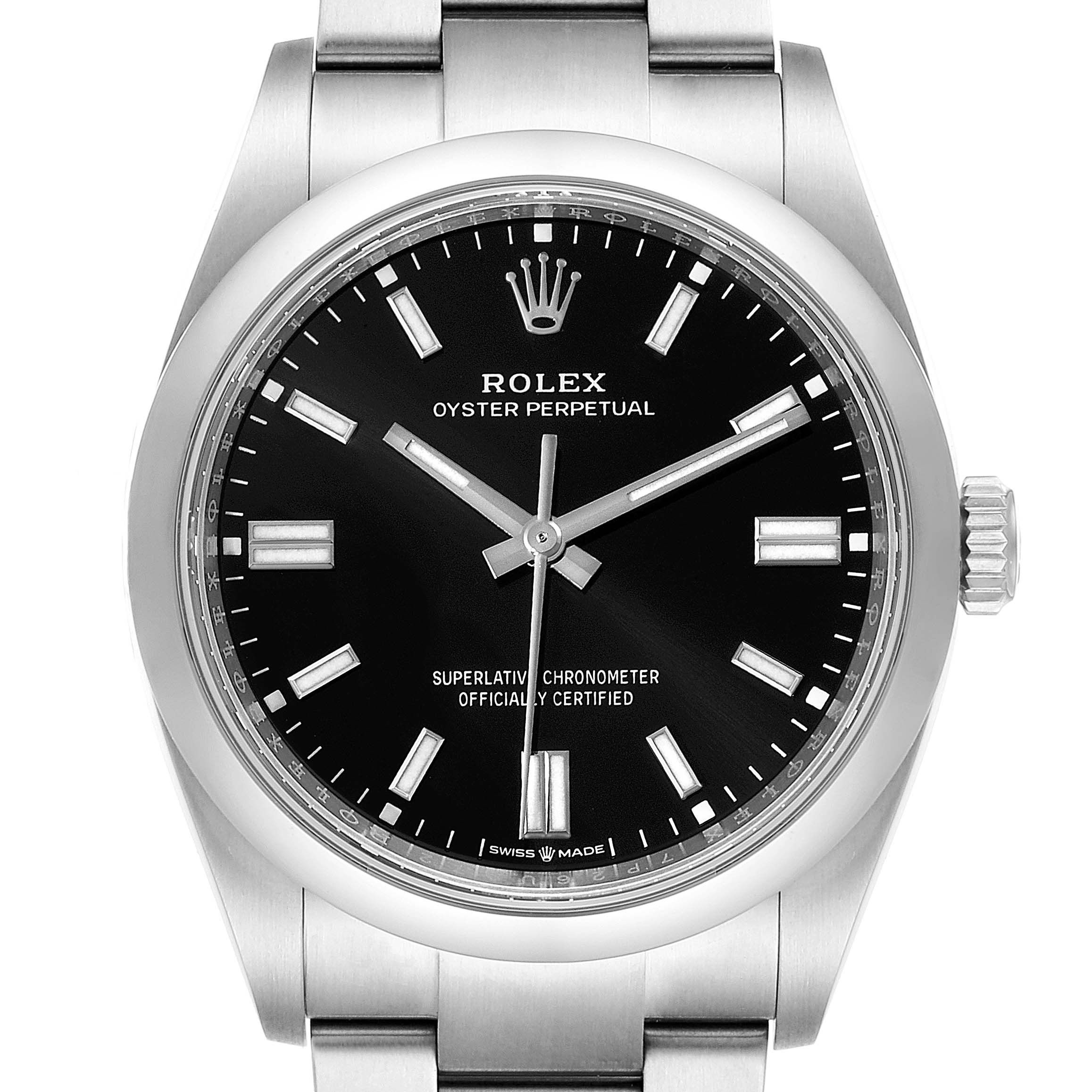 The image shows a front view of a Rolex Oyster Perpetual 126000 Men
s Stainless Steel Black Dial 126000 Men
s Stainless Steel Black Dial watch, highlighting the black dial, hour markers, hands, and part of the bracelet.