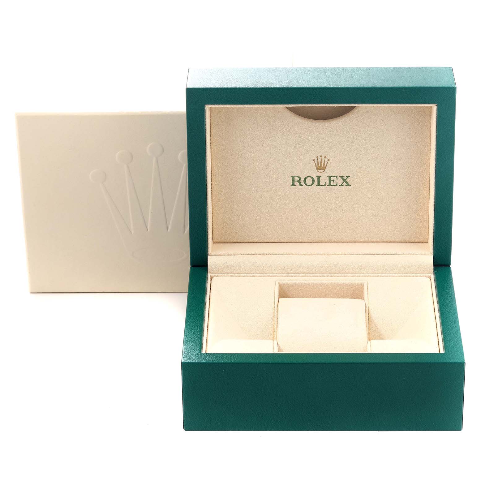 The image shows an open green and beige Rolex watch box designed for a Mid-Size model, with the Rolex logo inside.