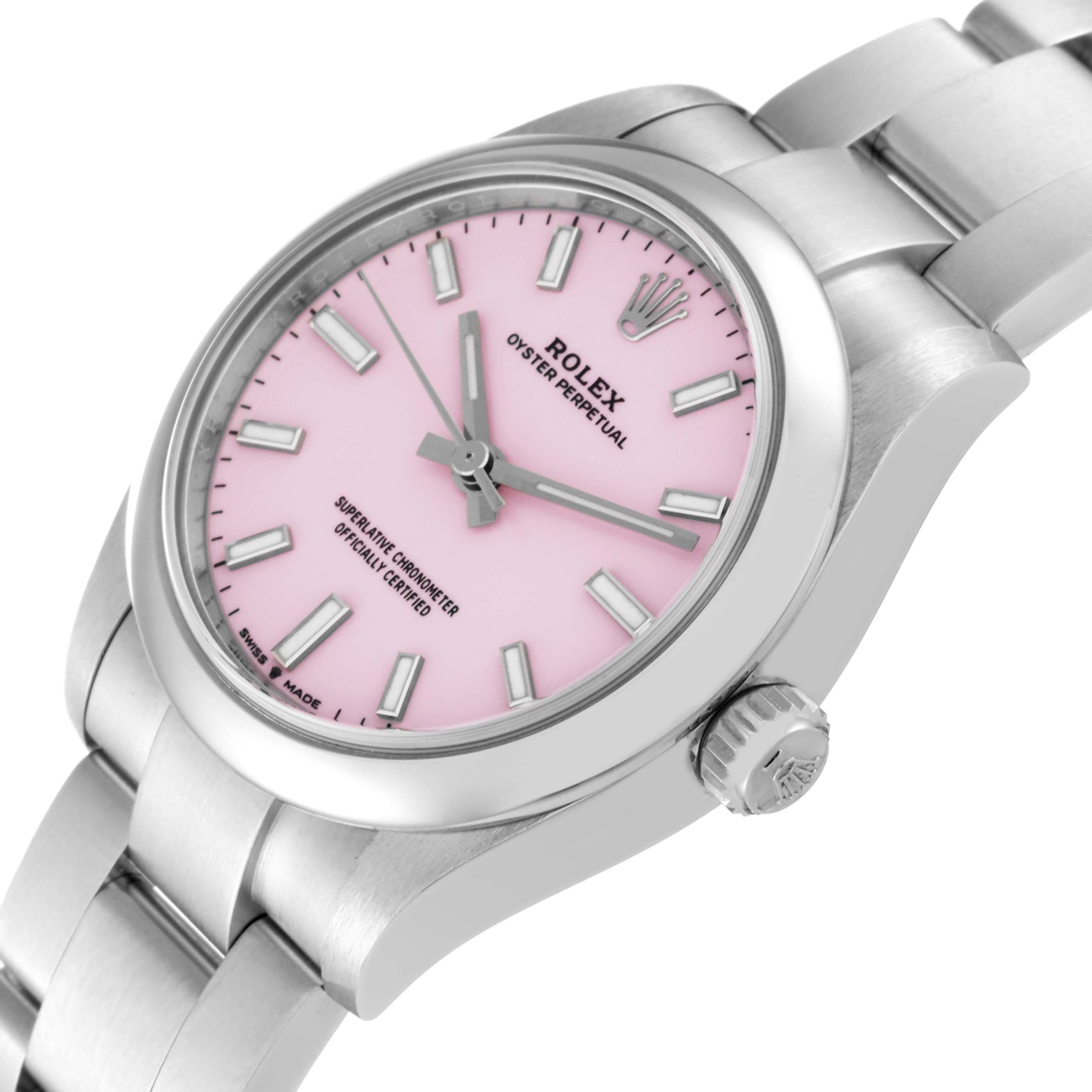 This image features a close-up of the Rolex Mid-Size 277200 Women's Stainless Steel Pink Dial 277200 Women's Stainless Steel Pink Dial Oyster Perpetual watch, showing the dial, crown, and part of the bracelet.