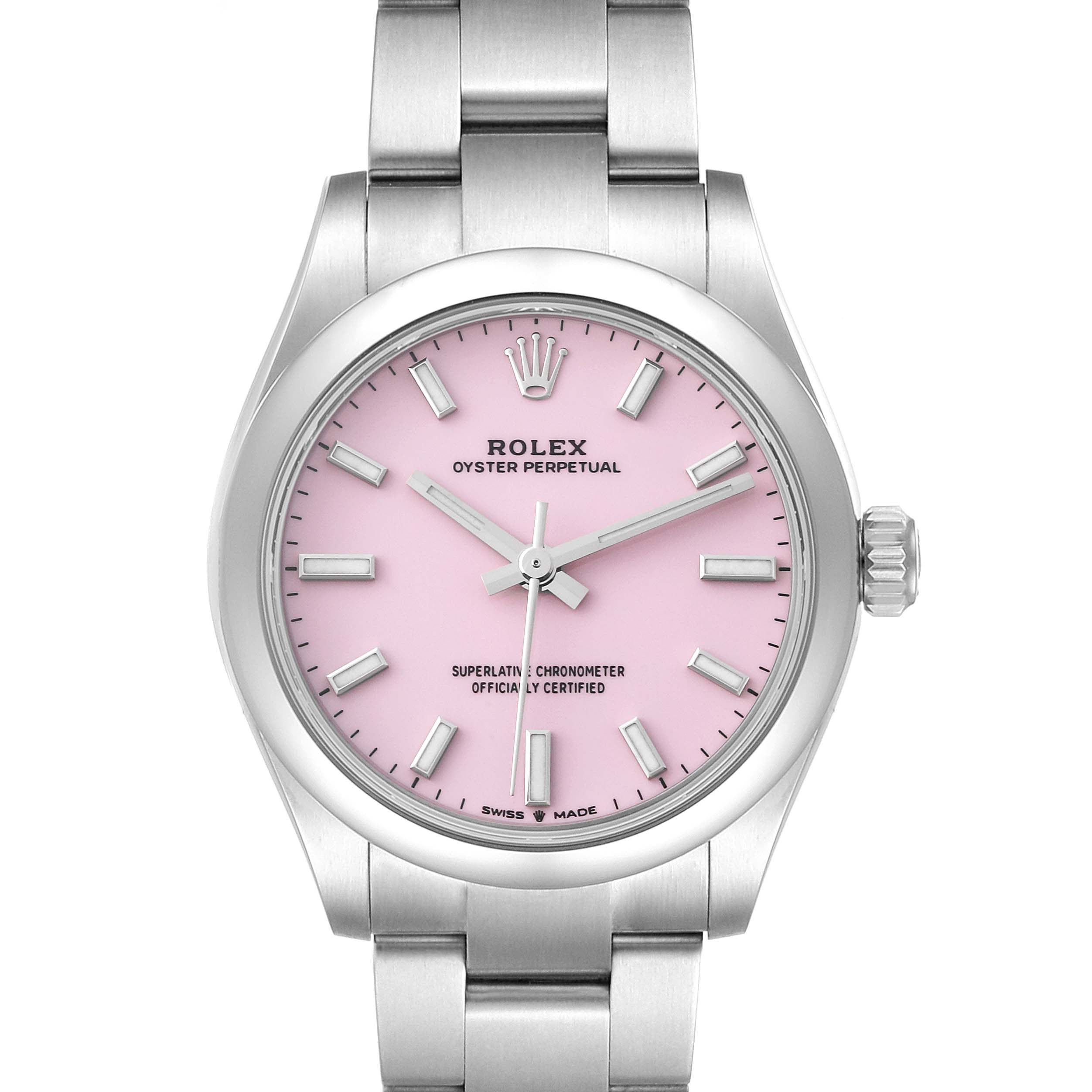 The image shows a front view of a mid-size Rolex Oyster Perpetual watch with a pink dial and stainless steel bracelet.