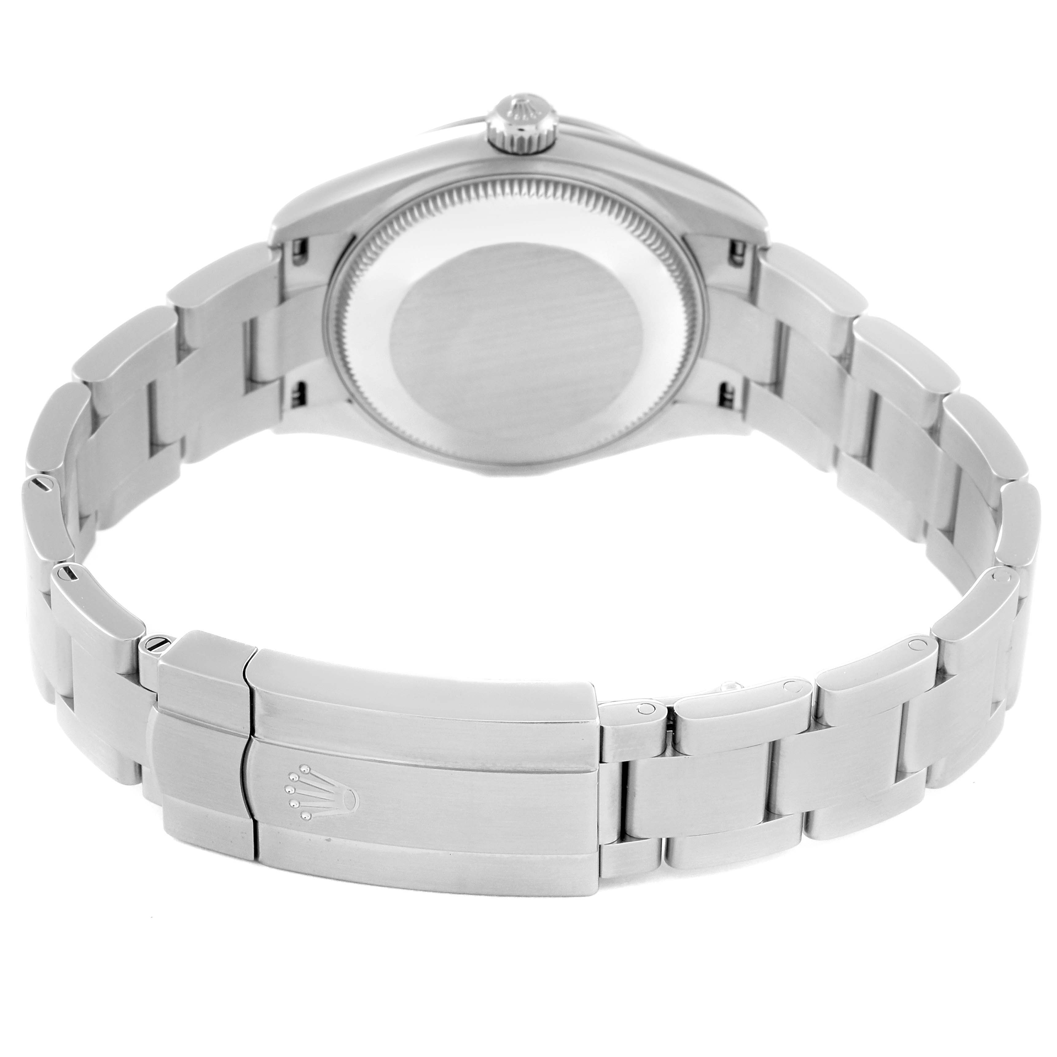 This image shows the back and bracelet of a Rolex Mid-Size 277200 Women's Stainless Steel Pink Dial 277200 Women's Stainless Steel Pink Dial watch, highlighting the clasp and case back.