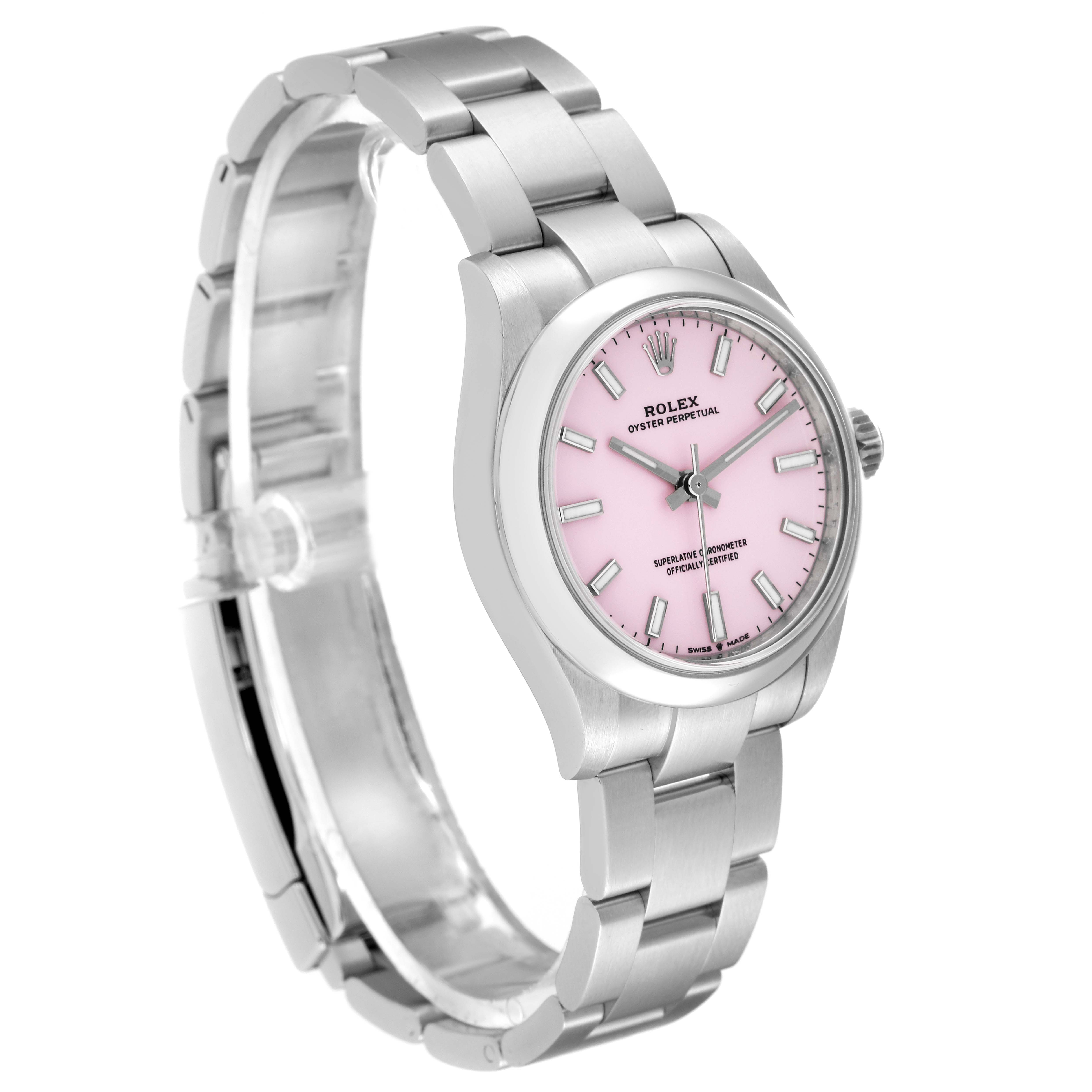 This image shows a Rolex Oyster Perpetual Mid-Size watch at a three-quarter angle, featuring a pink dial and stainless steel bracelet.