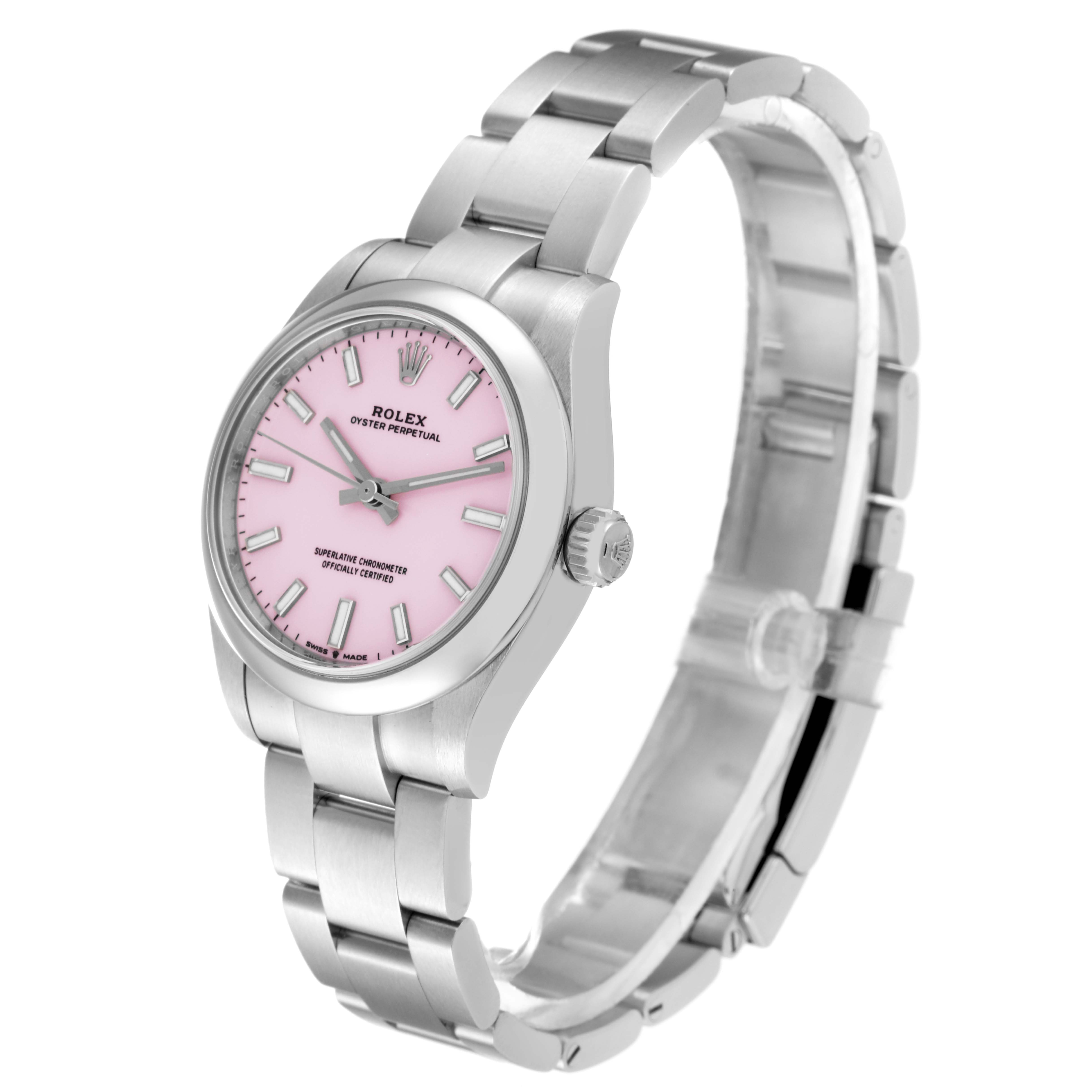 This image shows a side view of a Rolex Oyster Perpetual Mid-Size watch with a pink dial and stainless steel bracelet.
