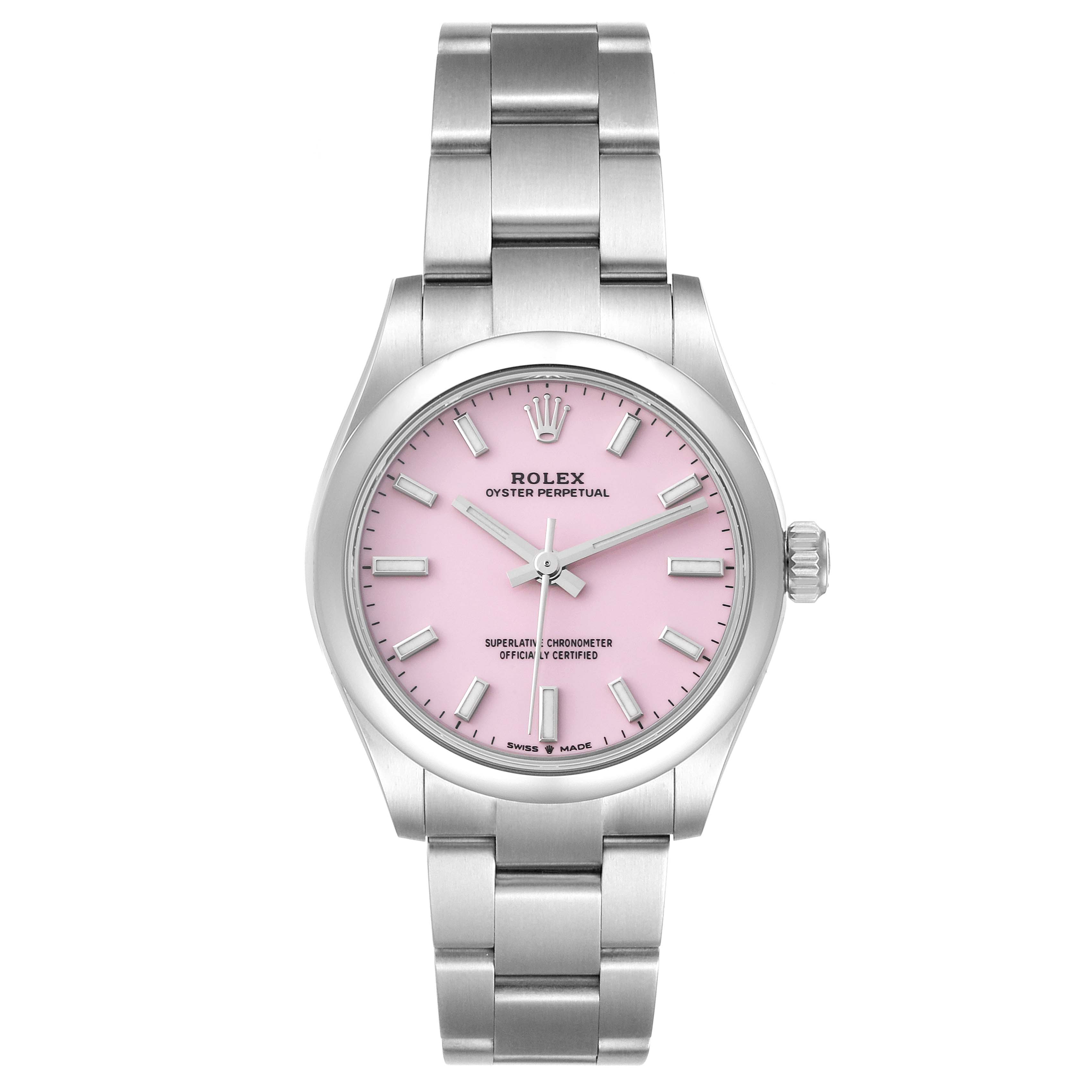 The image shows a front view of a mid-size Rolex Oyster Perpetual watch with a pink dial and stainless steel bracelet.