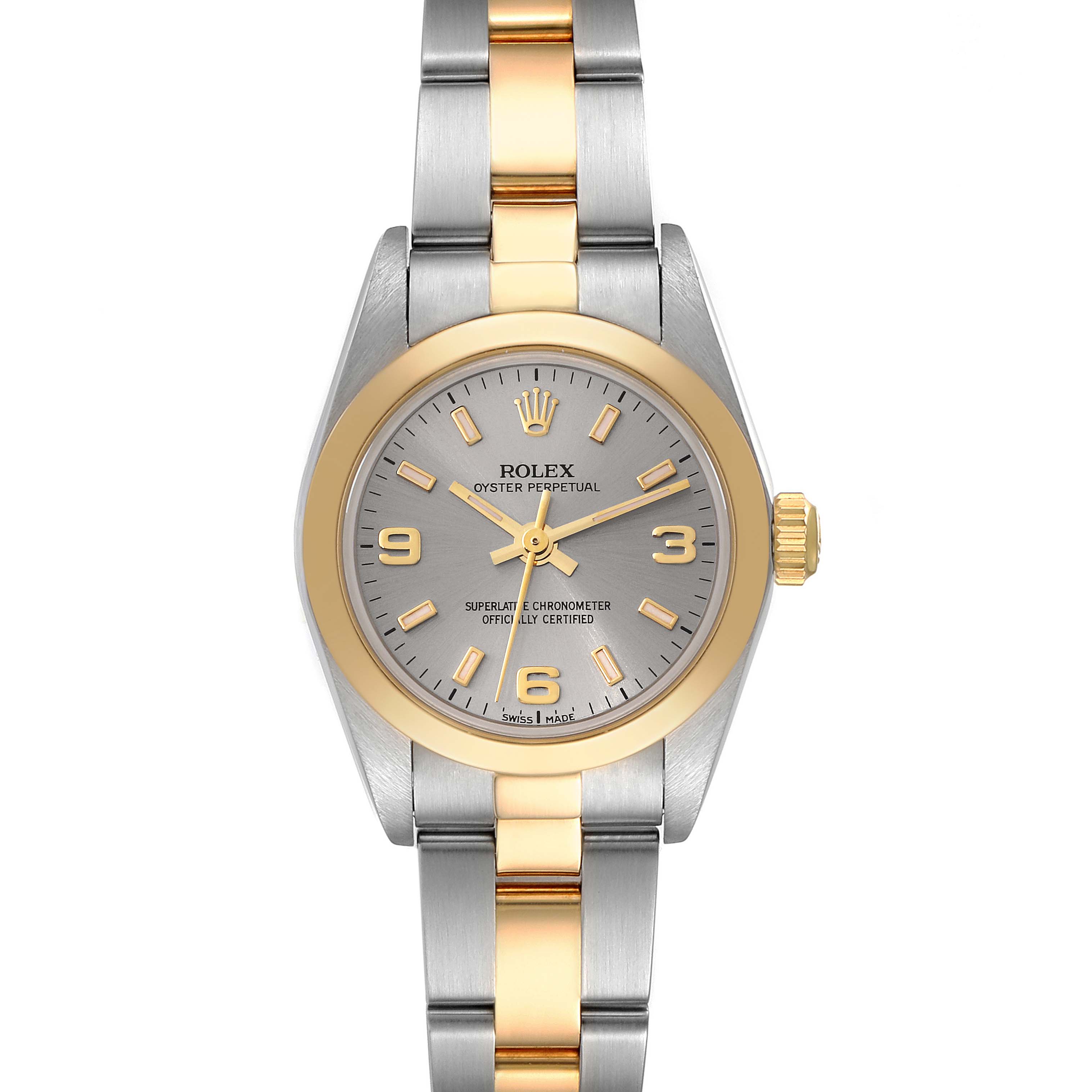 The Rolex Oyster Perpetual 76183 Women's Steel and Gold (two tone) Grey Dial 76183 Women's Steel and Gold (two tone) Grey Dial watch is shown from the front, highlighting the face, bezel, and bracelet.