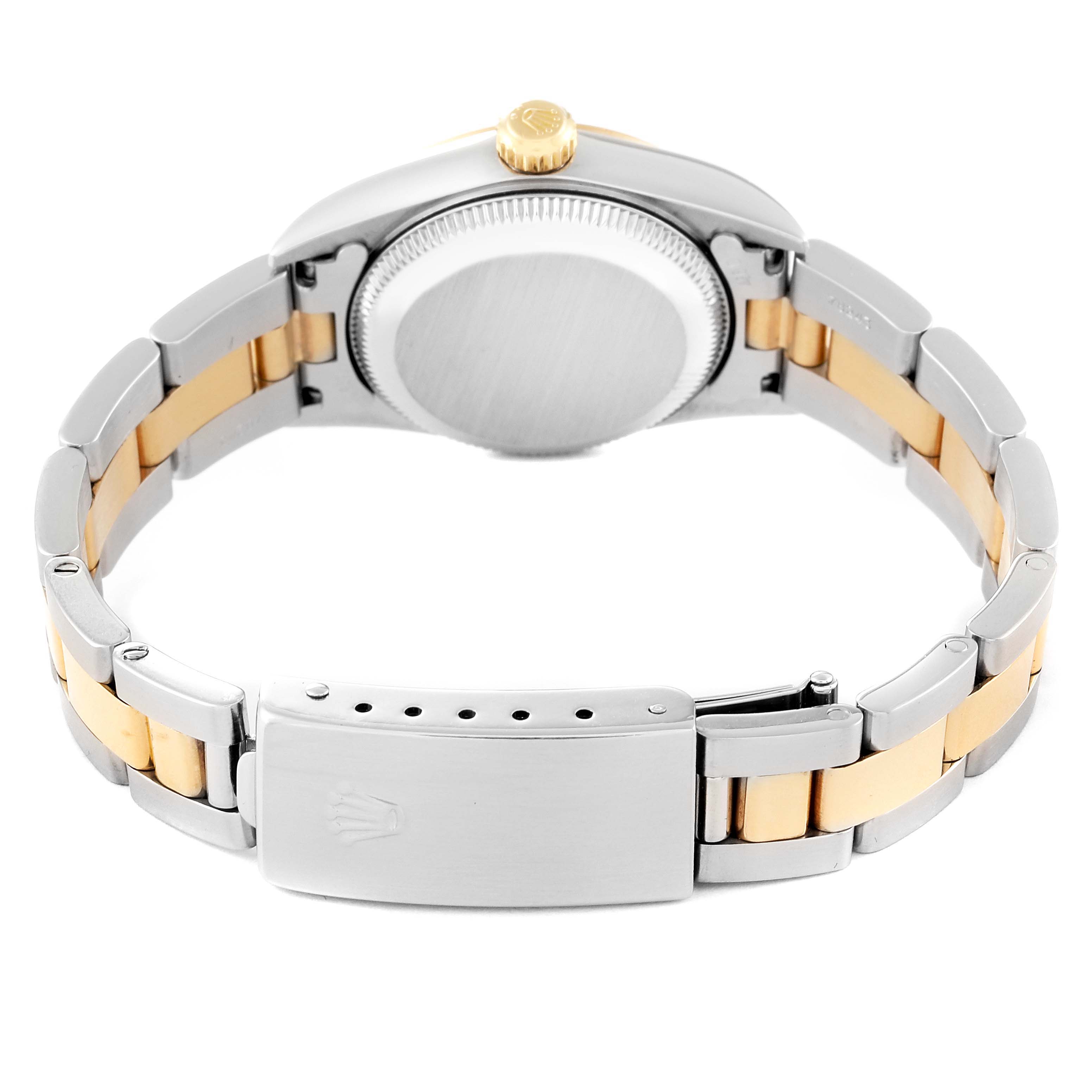 The image shows the back angle of a Rolex Oyster Perpetual 76183 Women's Steel and Gold (two tone) Grey Dial 76183 Women's Steel and Gold (two tone) Grey Dial watch, highlighting its clasp and bracelet links.