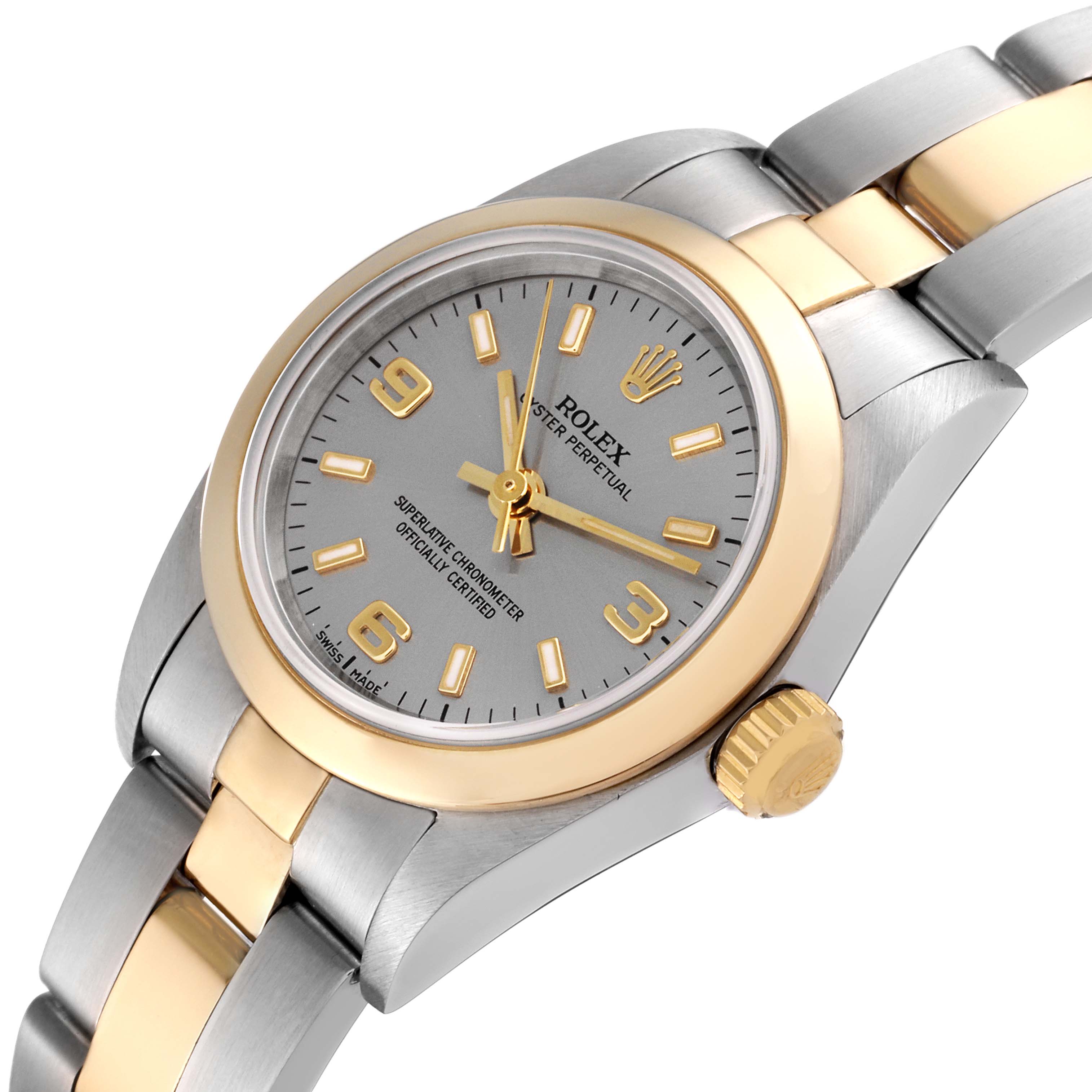 The image shows a side-angle view of a Rolex Oyster Perpetual 76183 Women's Steel and Gold (two tone) Grey Dial 76183 Women's Steel and Gold (two tone) Grey Dial watch, highlighting its dial, crown, and two-tone bracelet.