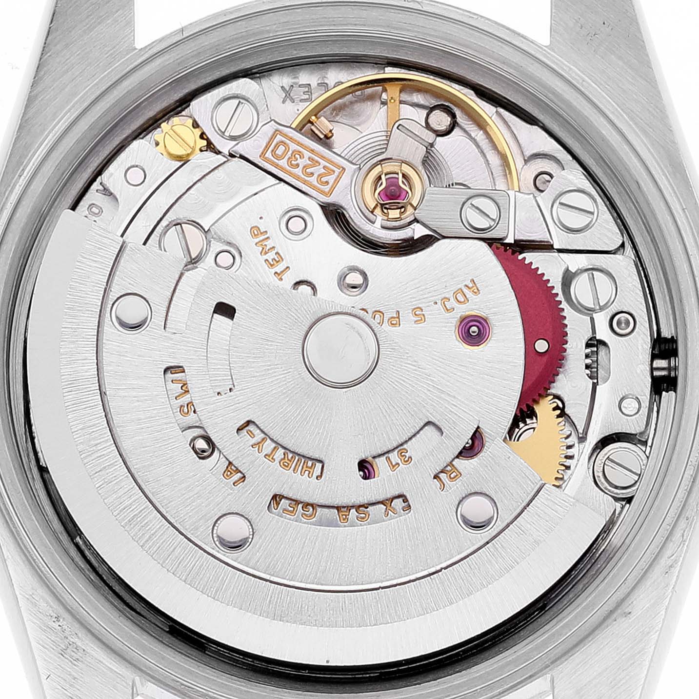 This image shows the internal movement mechanism of the Rolex Oyster Perpetual 76183 Women's Steel and Gold (two tone) Grey Dial 76183 Women's Steel and Gold (two tone) Grey Dial watch, viewed from the back.