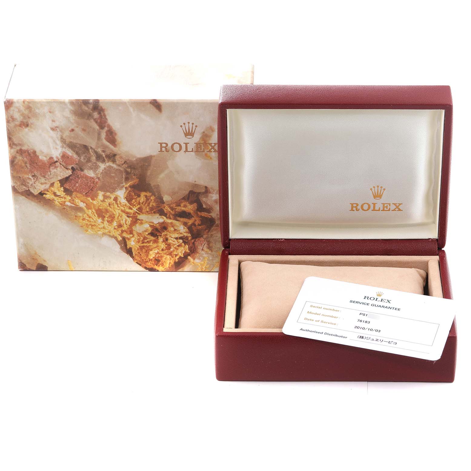 A Rolex Oyster Perpetual 76183 Women's Steel and Gold (two tone) Grey Dial 76183 Women's Steel and Gold (two tone) Grey Dial watch box and cushion are shown, along with a service guarantee card.