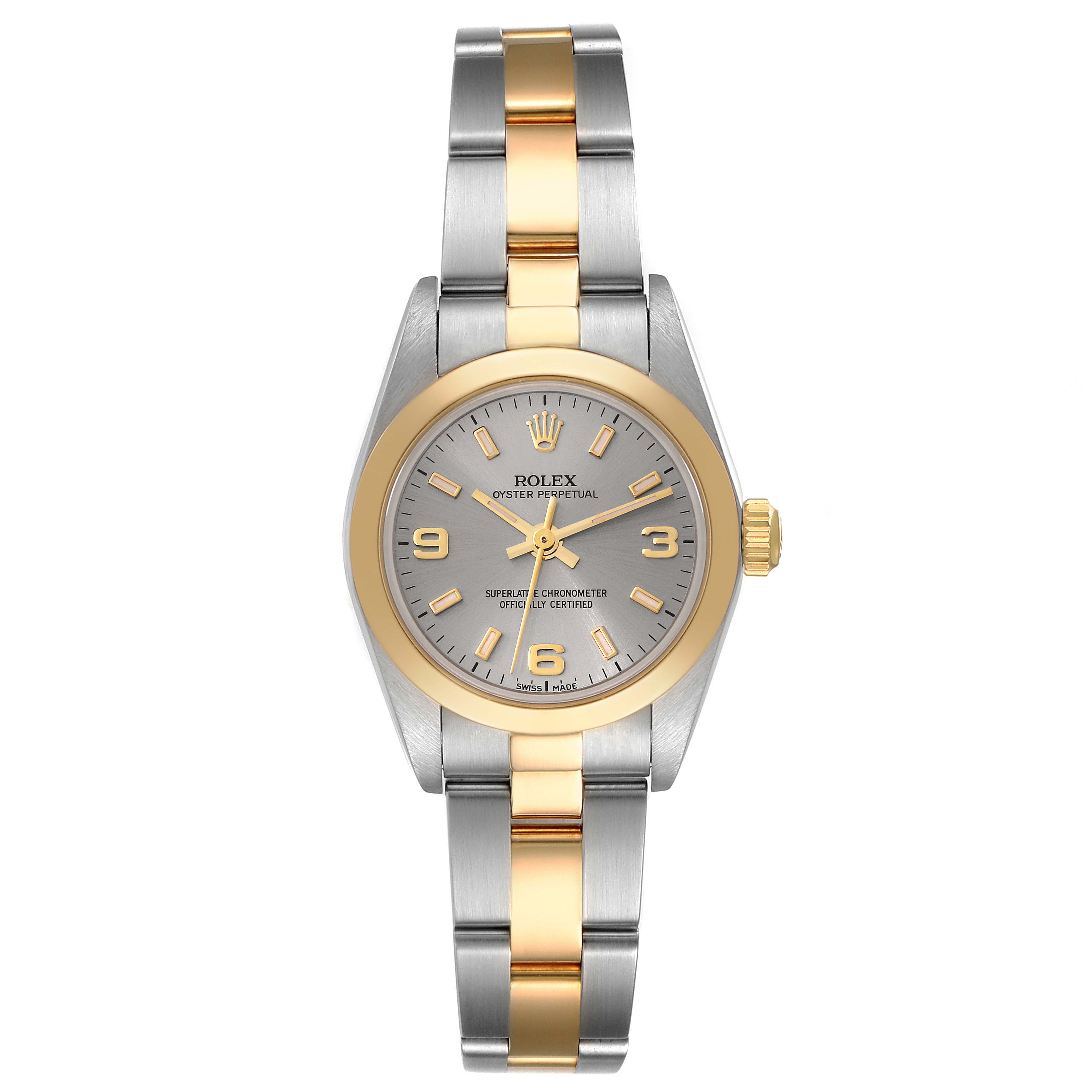 The Rolex Oyster Perpetual 76183 Women's Steel and Gold (two tone) Grey Dial 76183 Women's Steel and Gold (two tone) Grey Dial watch is shown from a top-down angle, displaying its two-tone bracelet, face, and bezel.