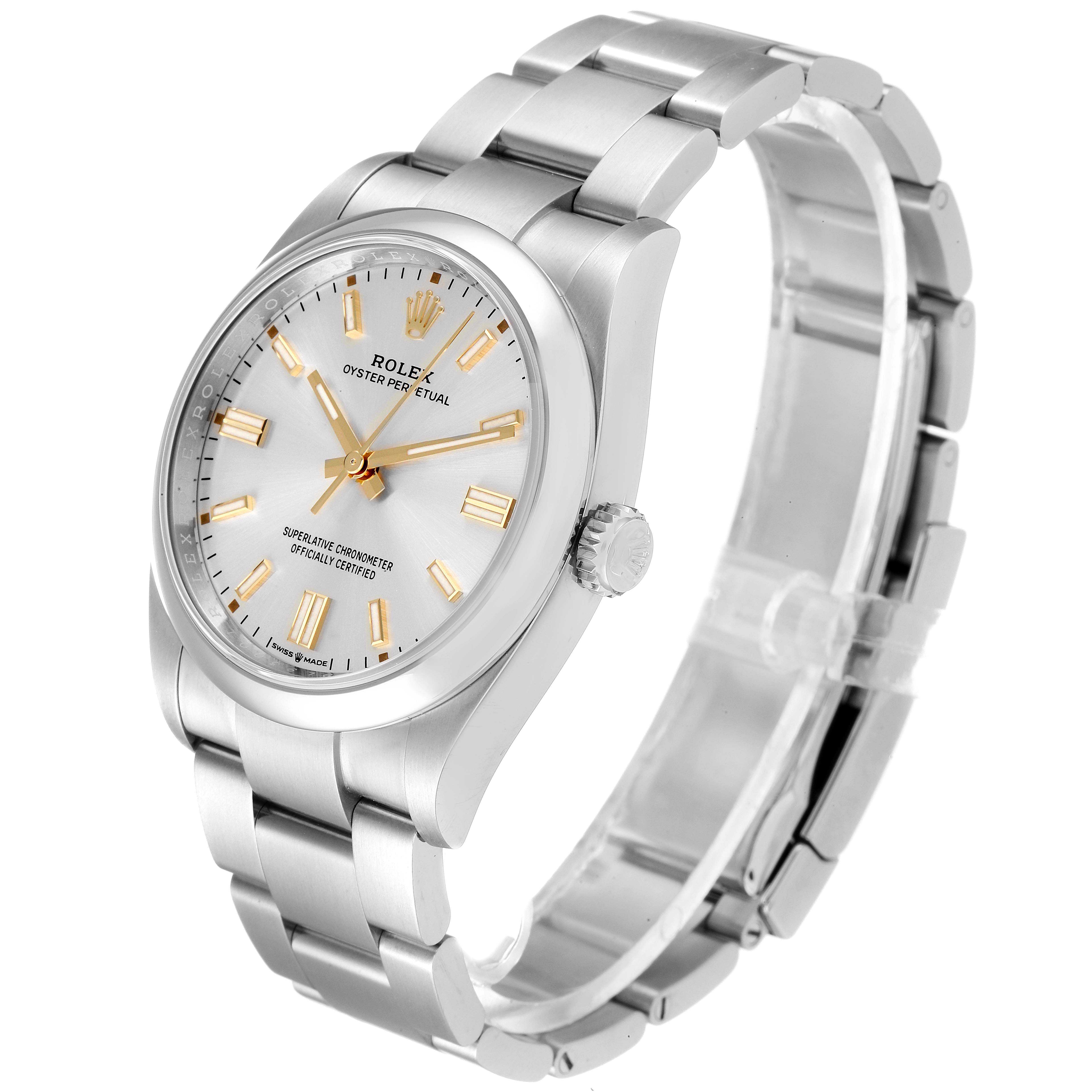 The image shows a side angle of the Rolex Oyster Perpetual 126000 Men's Stainless Steel Silver Dial 126000 Men's Stainless Steel Silver Dial watch, highlighting its case, dial, crown, and band.
