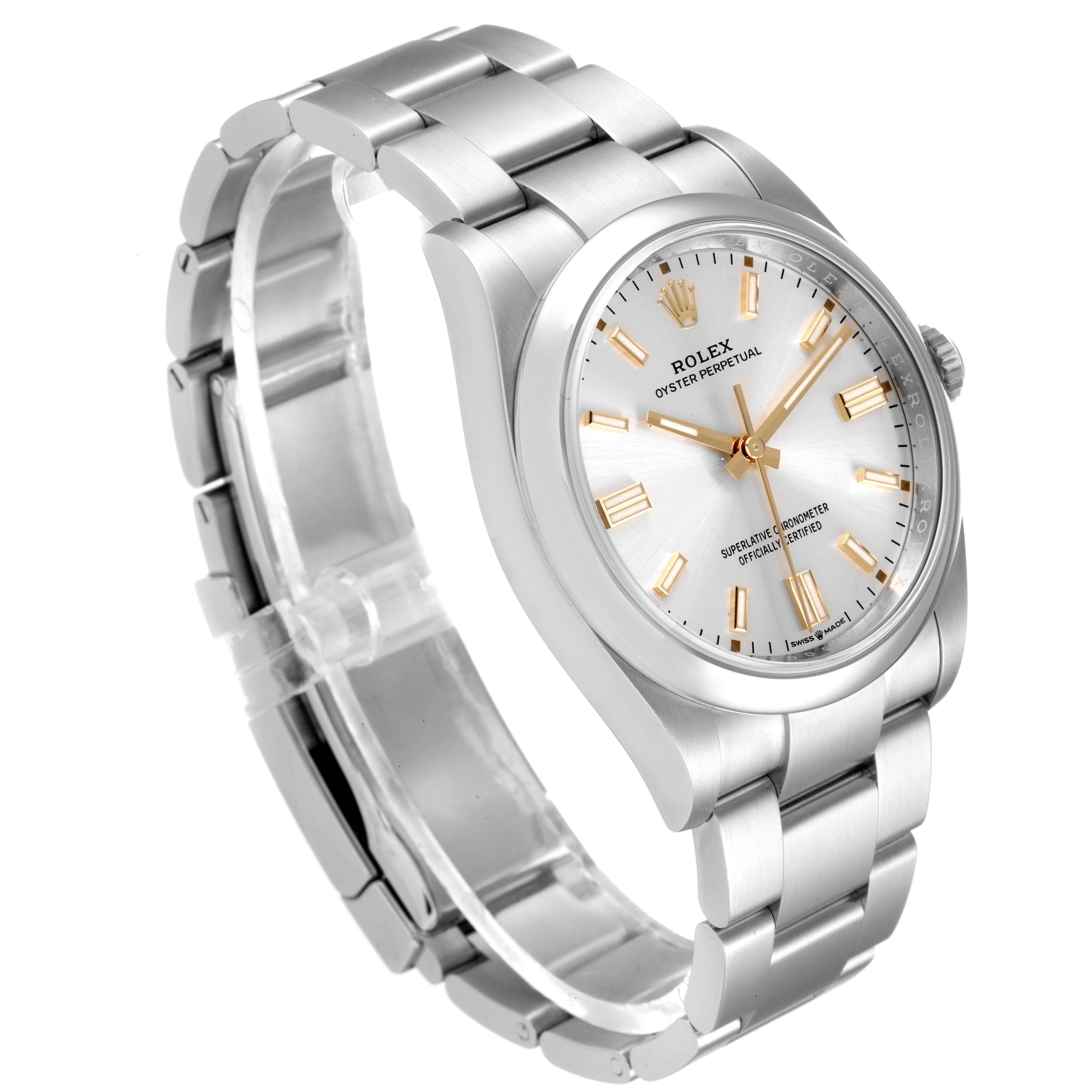 The image shows a side perspective of a Rolex Oyster Perpetual 126000 Men's Stainless Steel Silver Dial 126000 Men's Stainless Steel Silver Dial watch, featuring the dial, bezel, and bracelet.