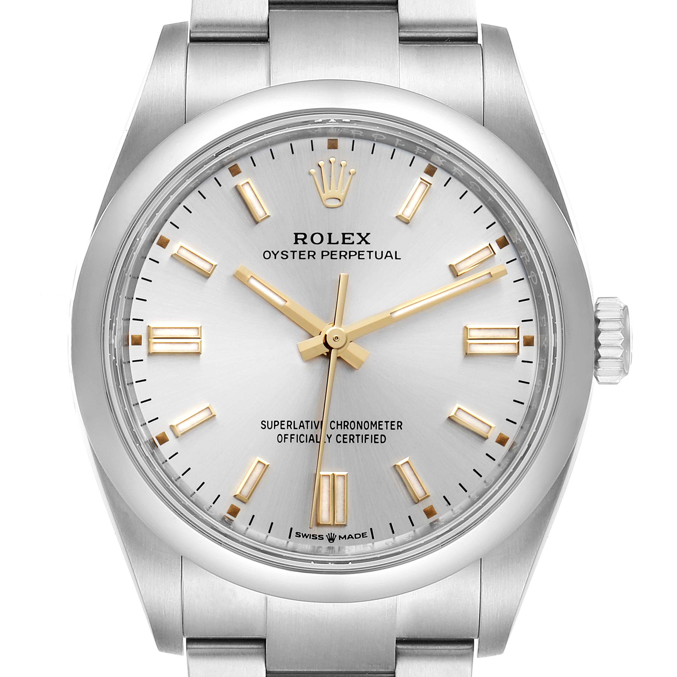 The image shows a front view of a Rolex Oyster Perpetual 126000 Men's Stainless Steel Silver Dial 126000 Men's Stainless Steel Silver Dial watch, displaying the dial, hands, hour markers, and part of the bracelet.