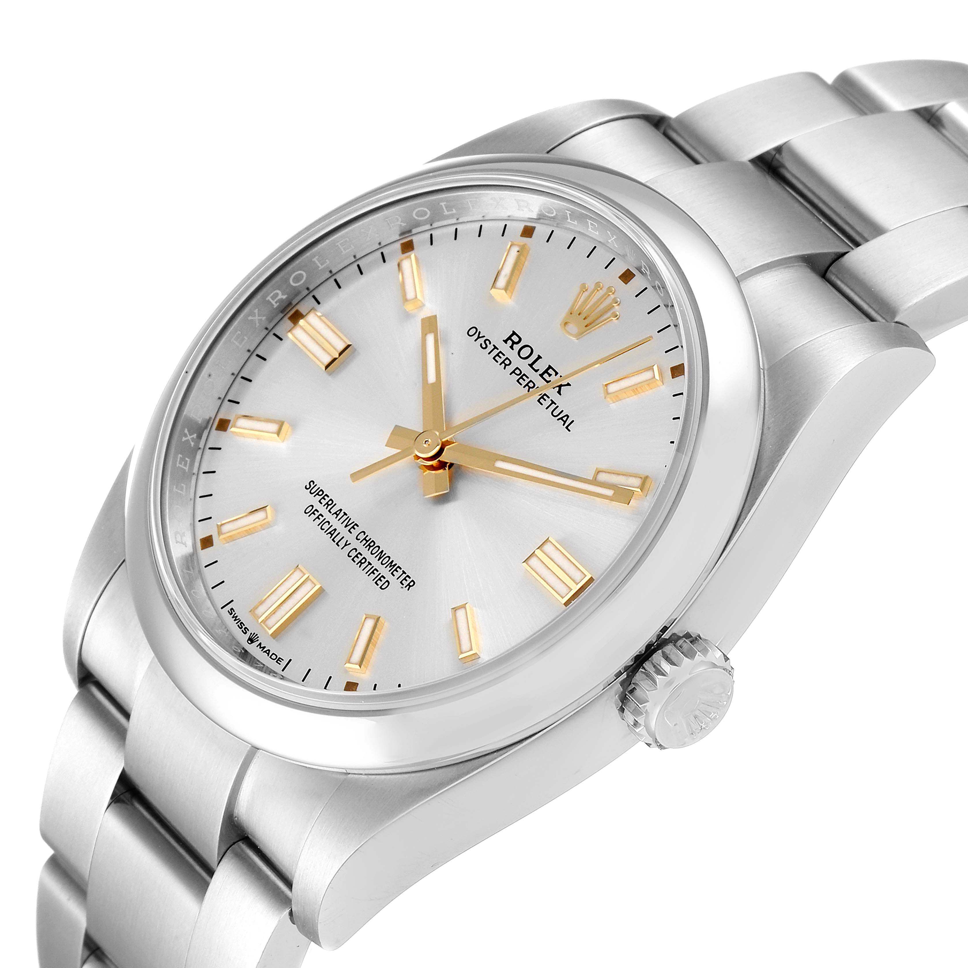 The image shows a side angle view of the Rolex Oyster Perpetual 126000 Men's Stainless Steel Silver Dial 126000 Men's Stainless Steel Silver Dial watch, highlighting the dial, crown, and bracelet.